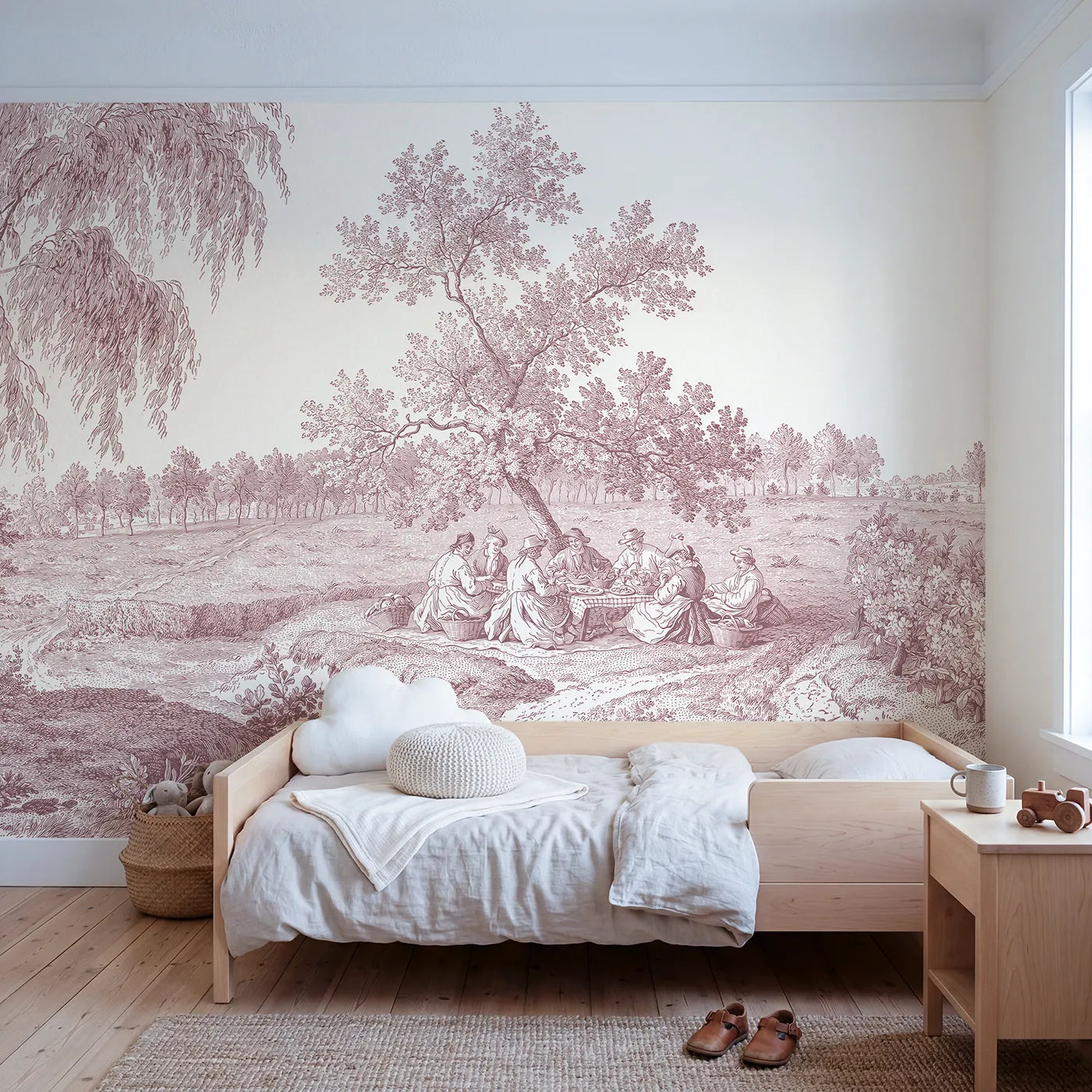 Toile wall mural of a pastoral picnic under a tree in pink ink by Whimsy Tots