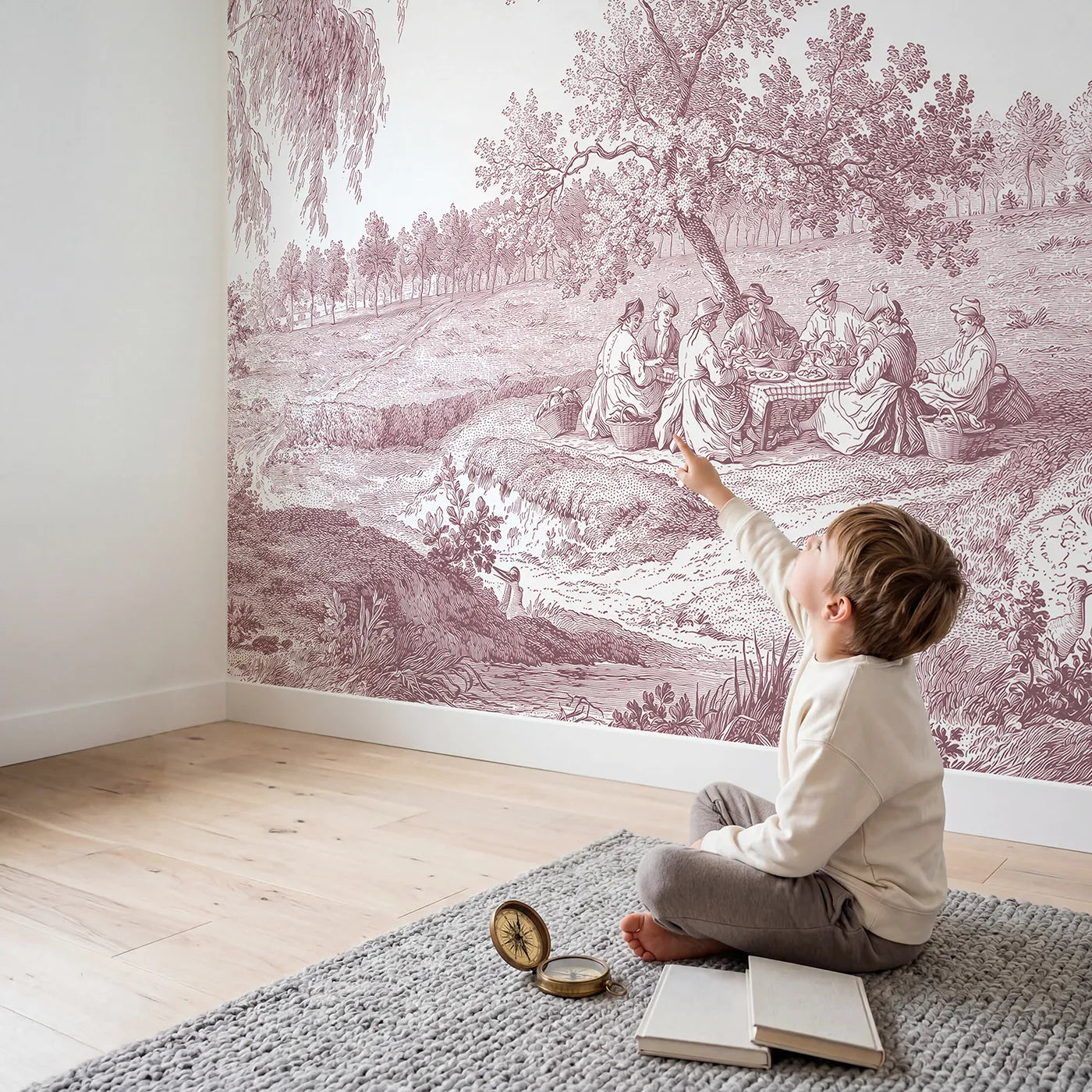 Child in nursery with Pastoral Picnic Gather Wallpaper Mural in Pink by Whimsy Tots