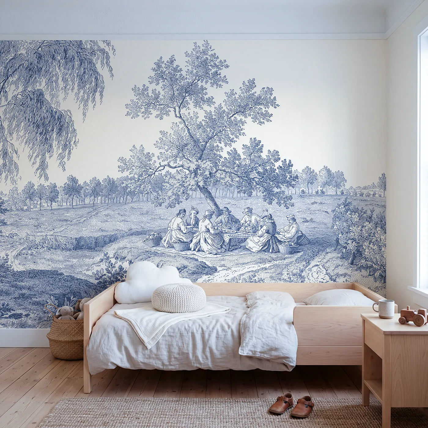 Toile wall mural of a pastoral picnic under a tree in single ink by Whimsy Tots