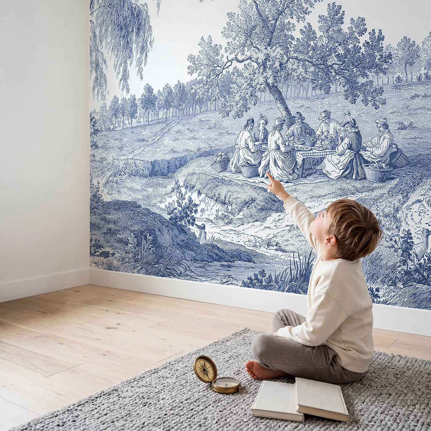 Child in nursery with Pastoral Picnic Gather Wallpaper Mural by Whimsy Tots