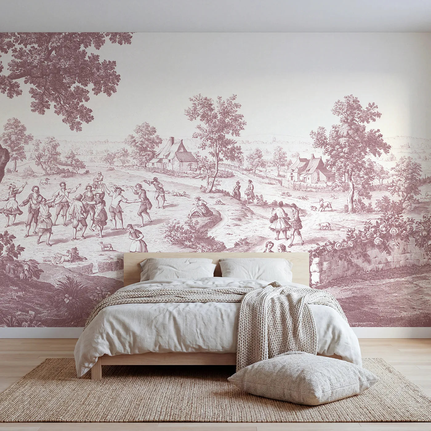 Toile wall mural of a village dance in pink ink on bright white by Whimsy Tots