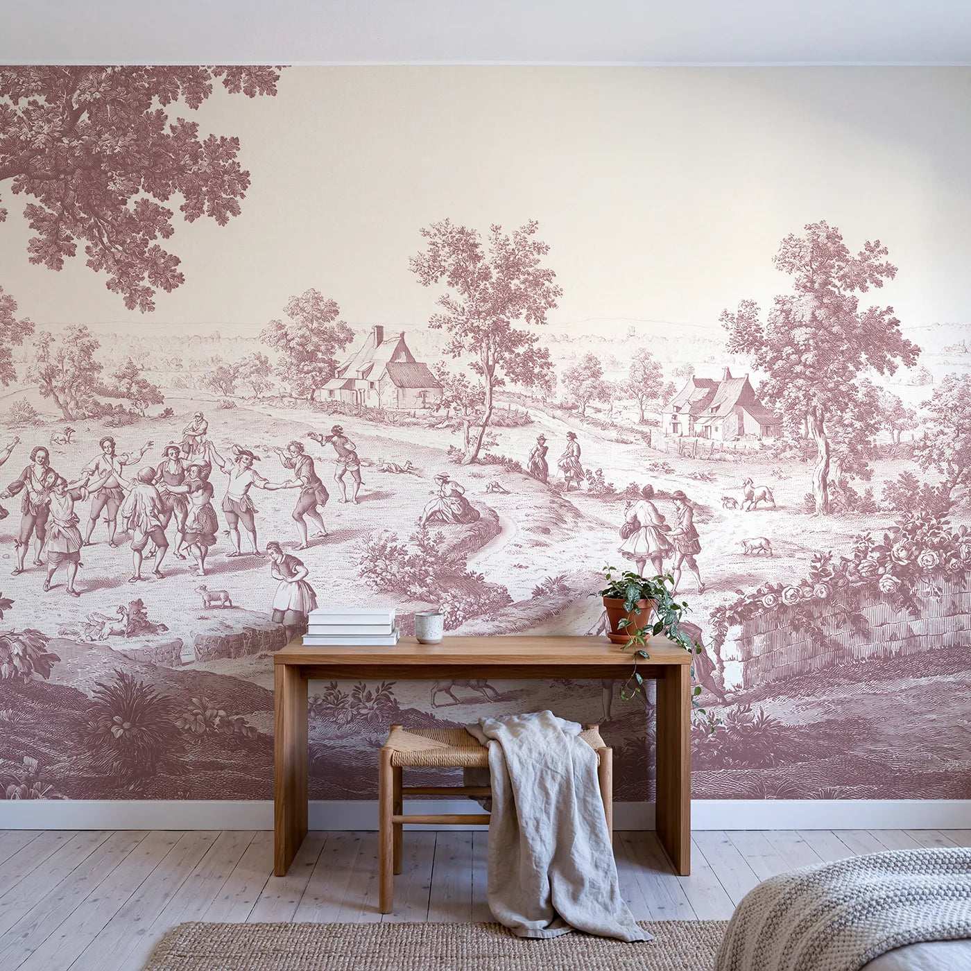 Village Dance Day Wallpaper Mural in Pink in playroom setting by Whimsy Tots