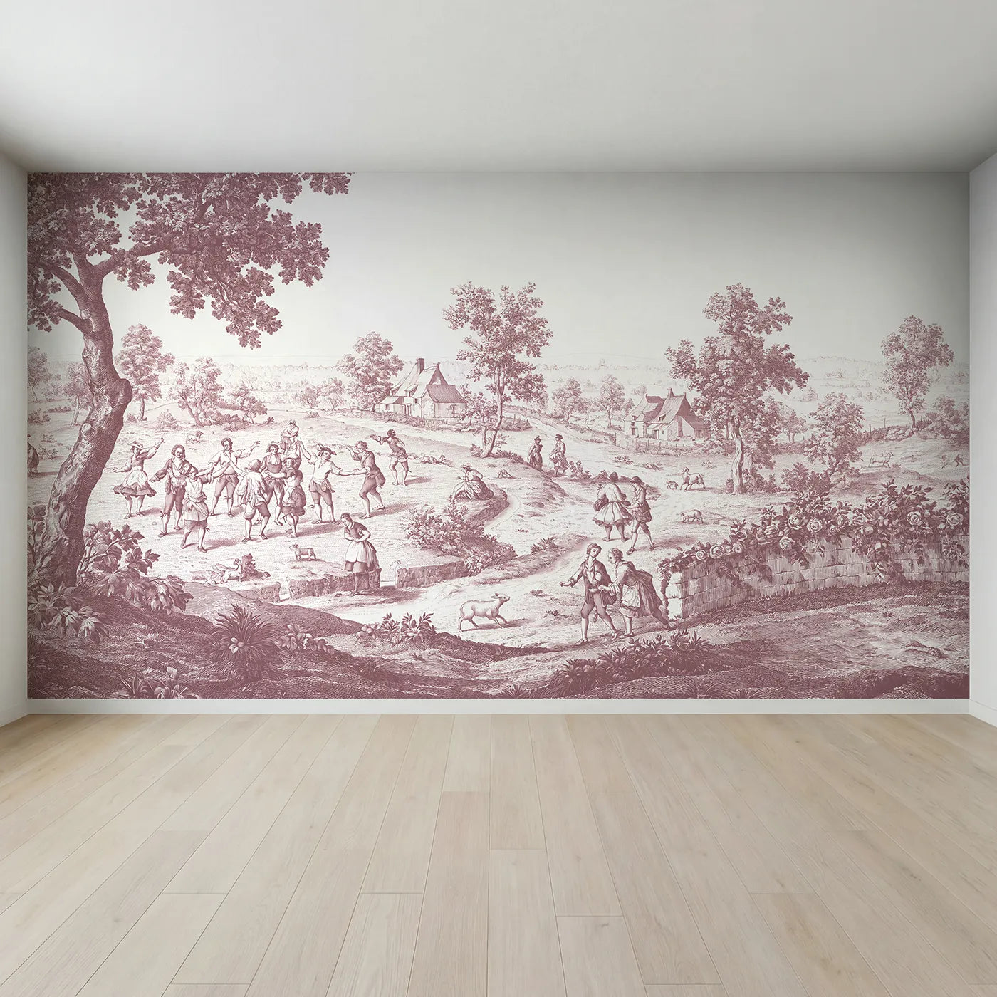 Full view of Village Dance Day Wallpaper Mural in Pink by Whimsy Tots