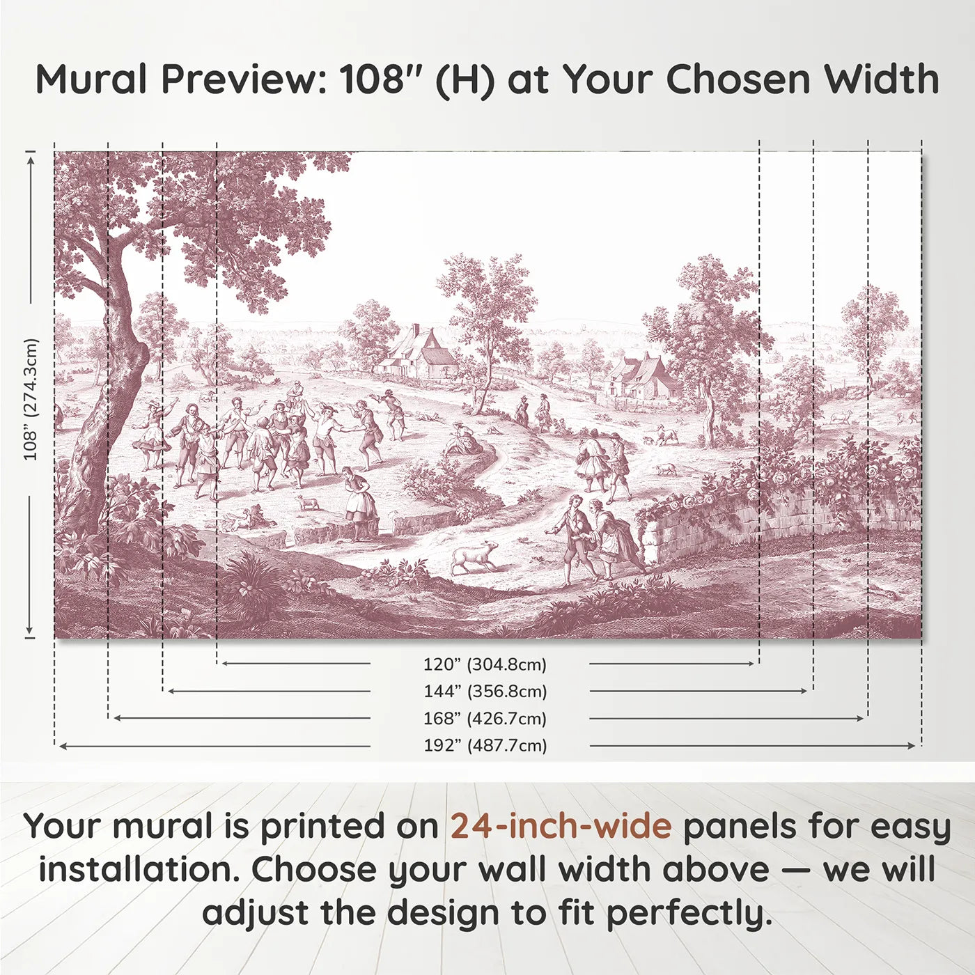 Panel layout and dimensions for Village Dance Day Wallpaper Mural in Pink by Whimsy Tots