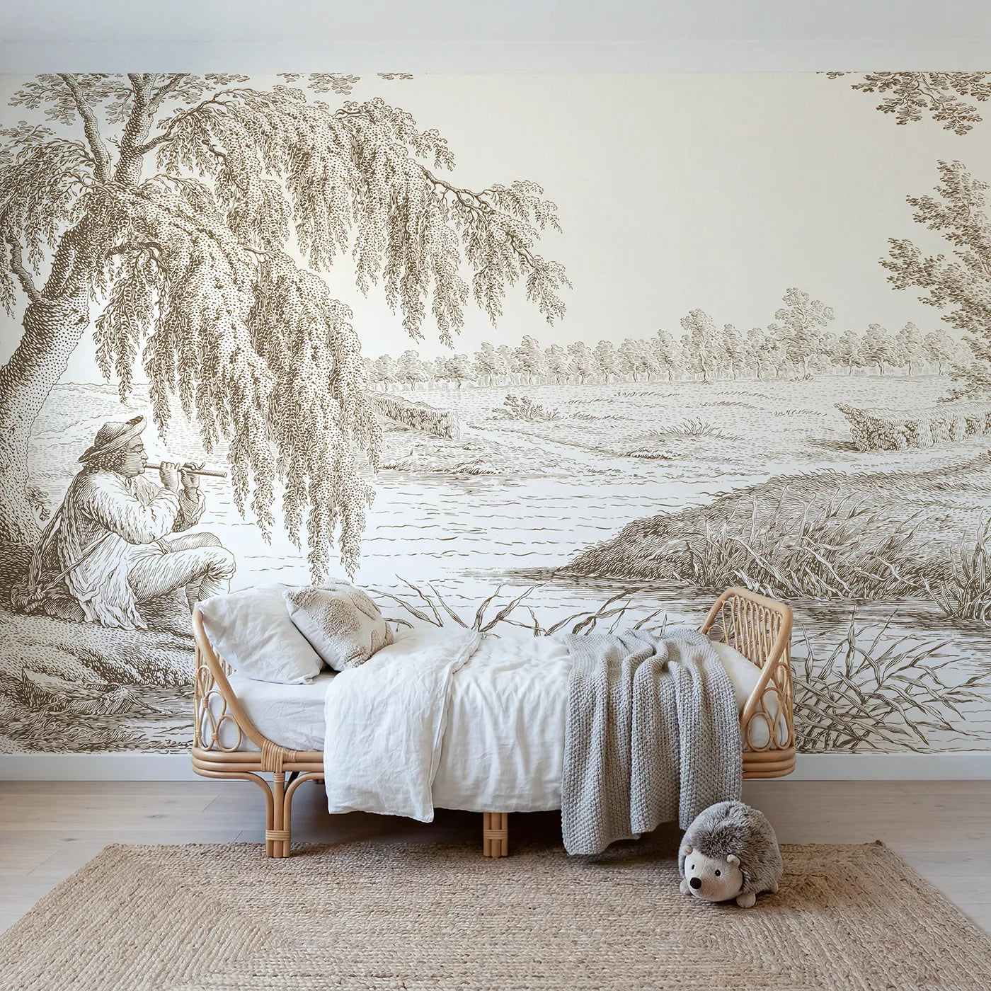 Toile wall mural of a flute player under a willow in brown ink by Whimsy Tots