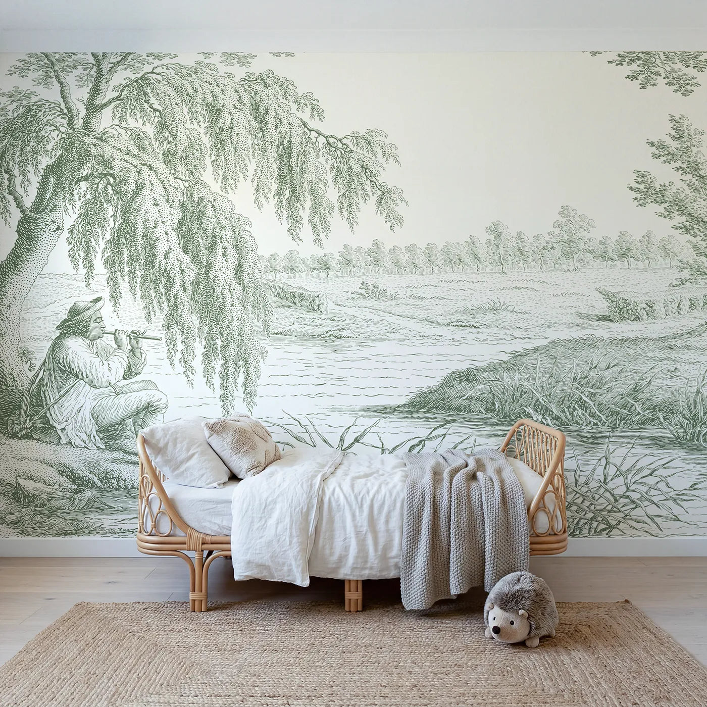 Toile wall mural of a flute player under a willow in green ink by Whimsy Tots
