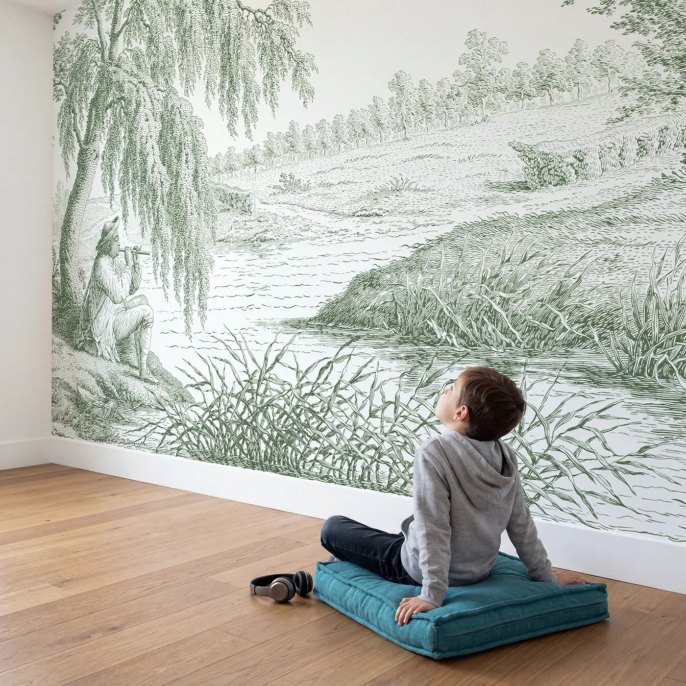 Child in nursery with Country Flute Player Wallpaper Mural in Green by Whimsy Tots