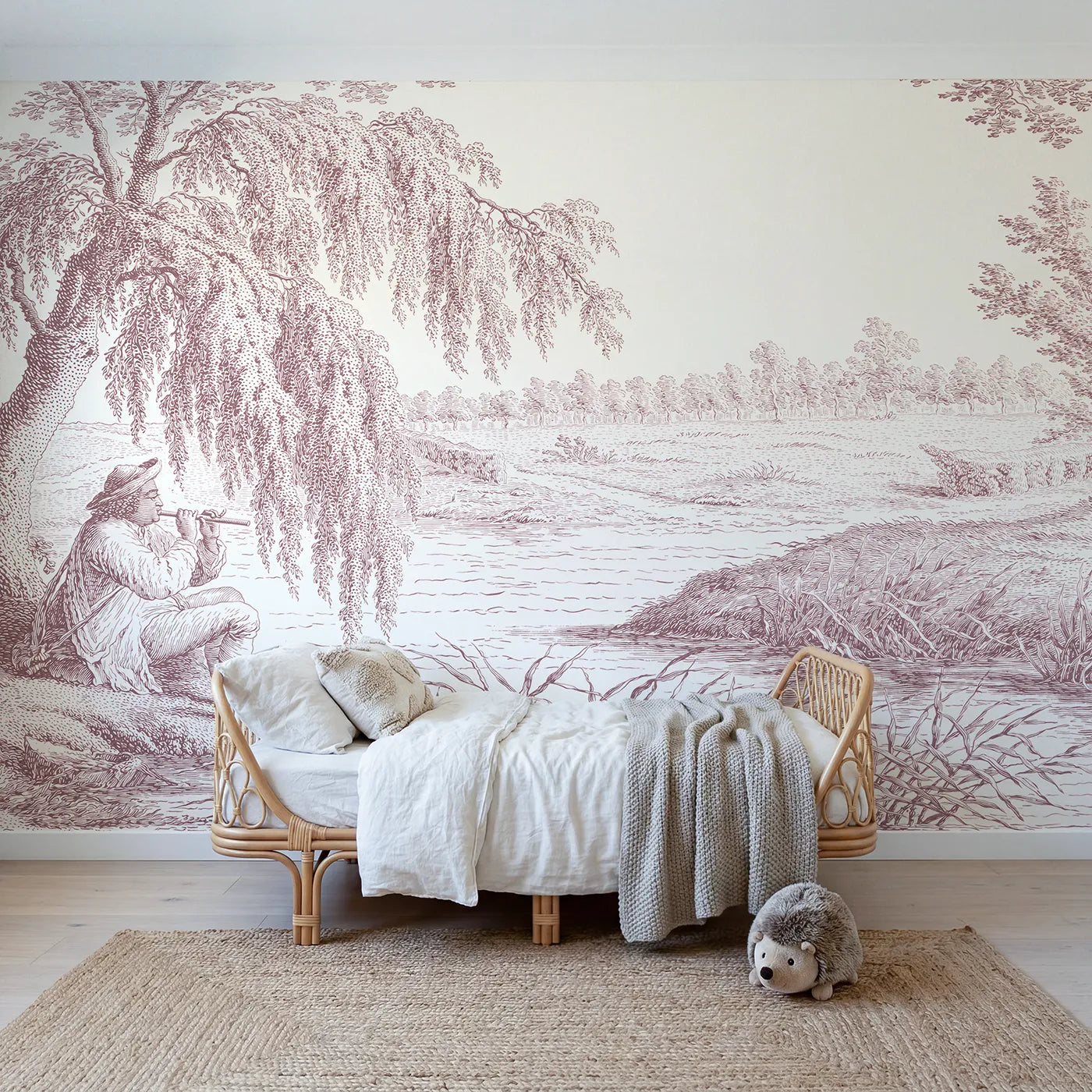 Toile wall mural of a flute player under a willow in pink ink by Whimsy Tots