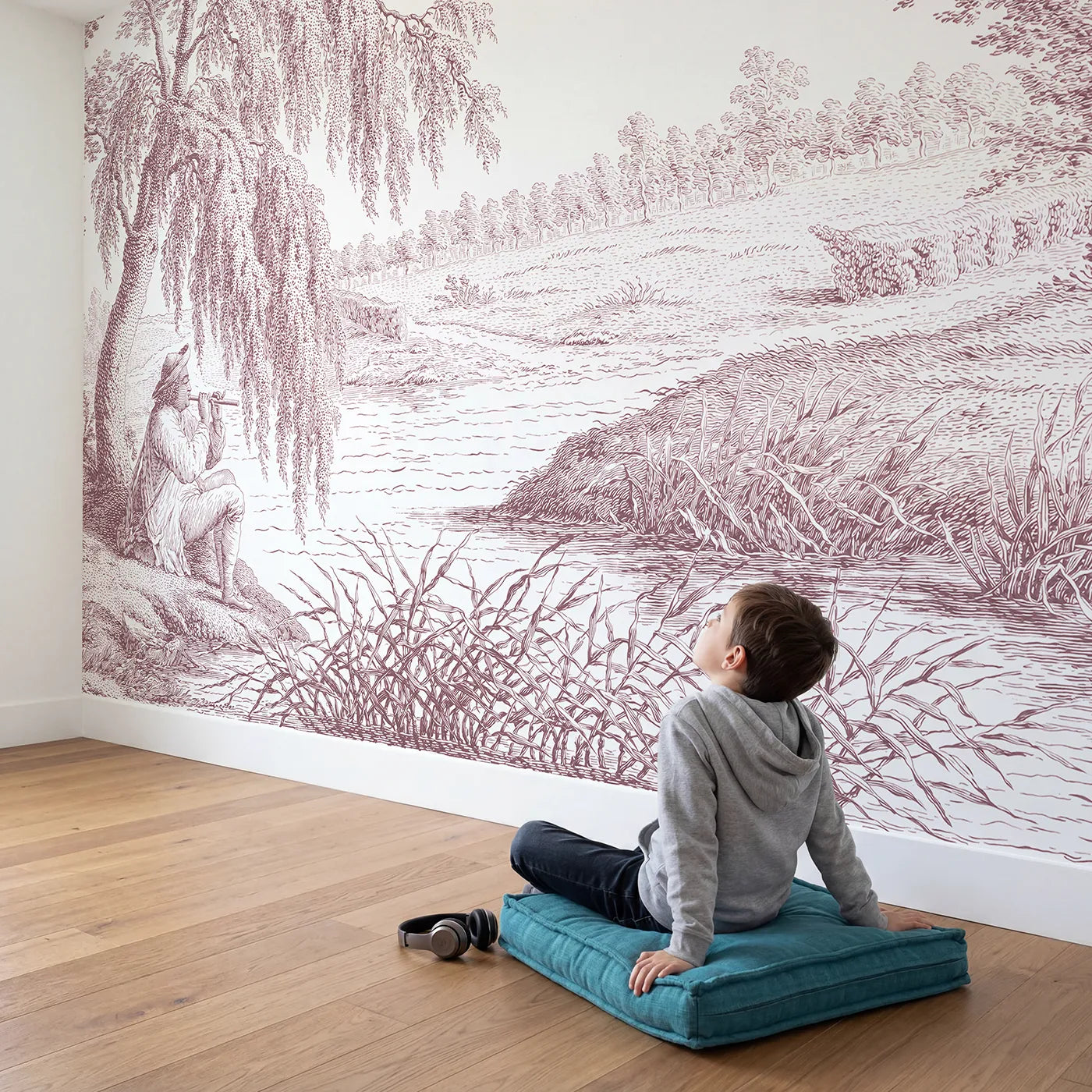 Child in nursery with Country Flute Player Wallpaper Mural in Pink by Whimsy Tots