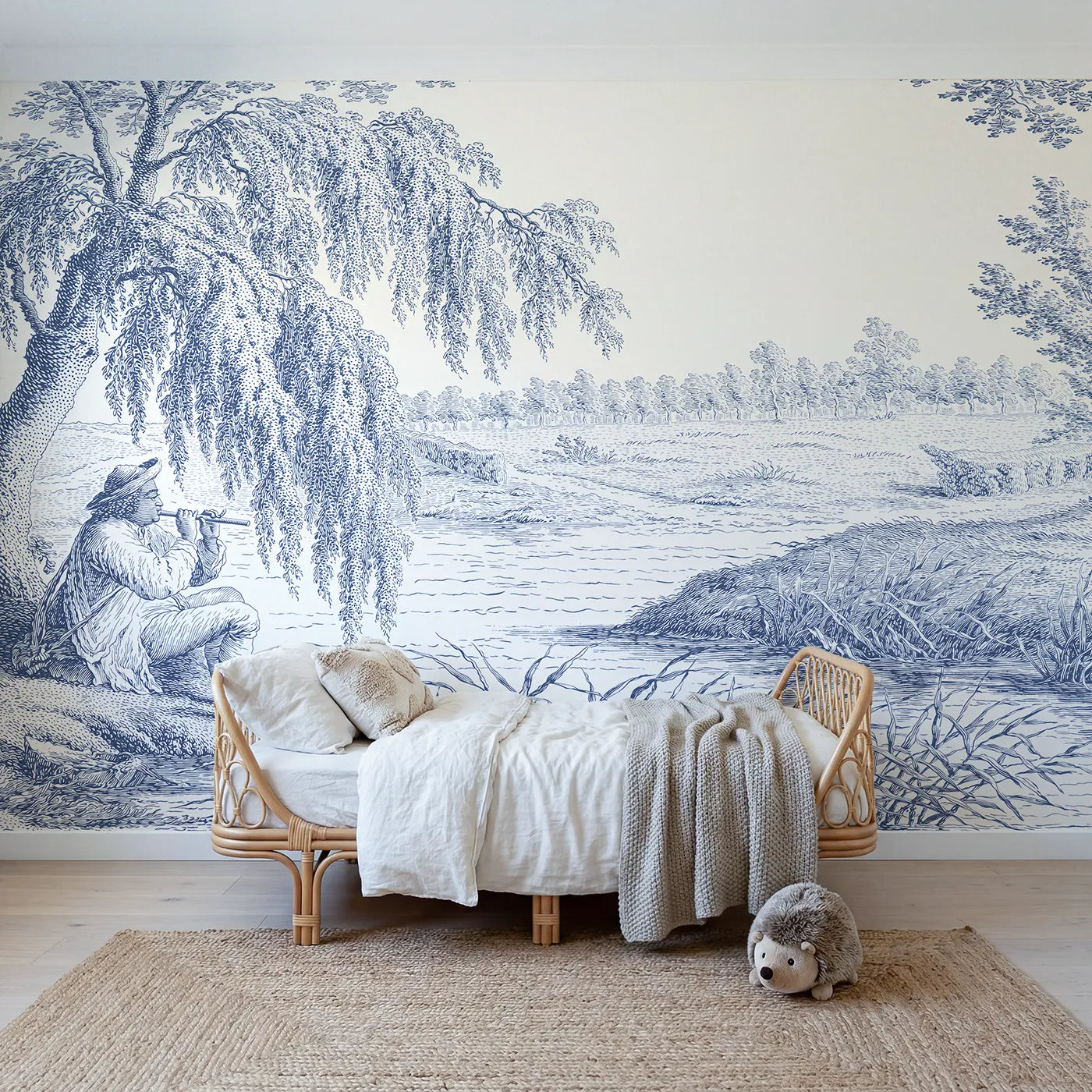 Toile wall mural of a flute player under a willow in single ink by Whimsy Tots