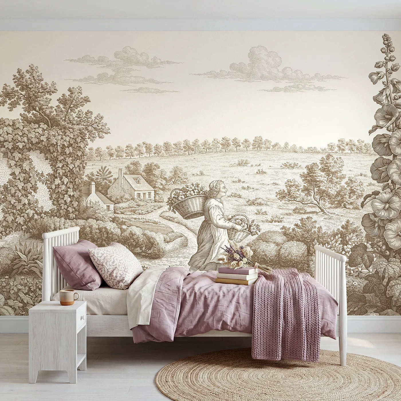 Toile wall mural of a flower gatherer on a path in brown ink by Whimsy Tots