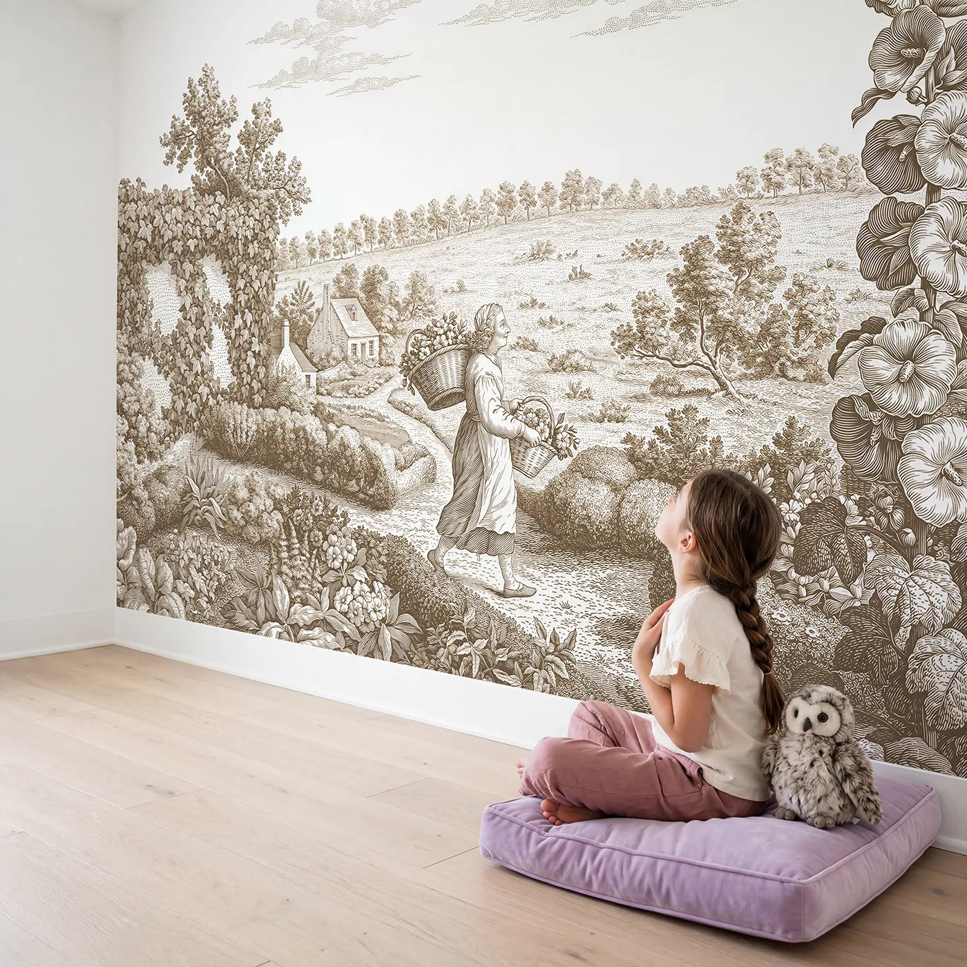 Child in nursery with Flower Gatherer Path Wallpaper Mural in Brown by Whimsy Tots