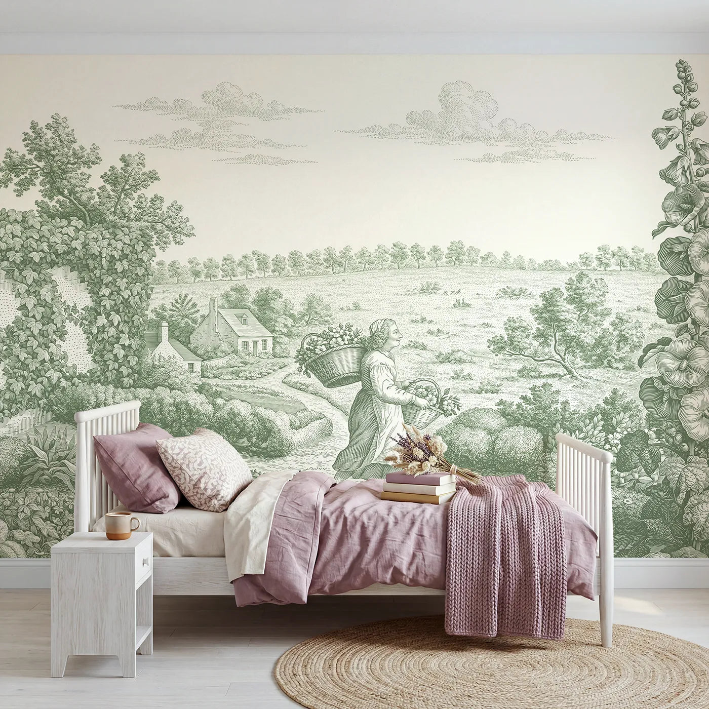 Toile wall mural of a flower gatherer on a path in green ink by Whimsy Tots