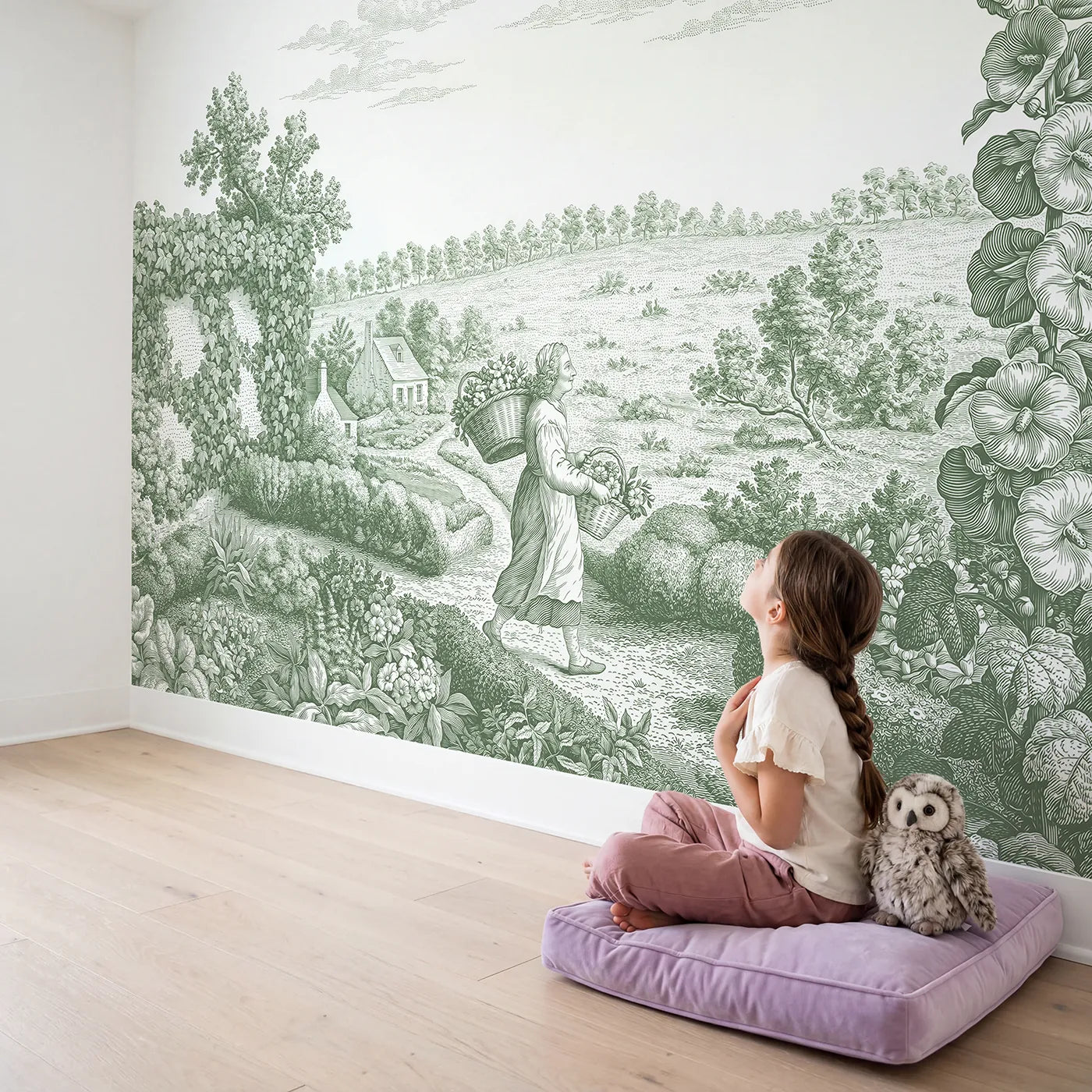 Child in nursery with Flower Gatherer Path Wallpaper Mural in Green by Whimsy Tots