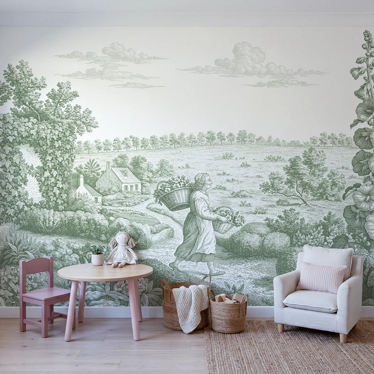 Flower Gatherer Path Wallpaper Mural in Green in playroom setting by Whimsy Tots