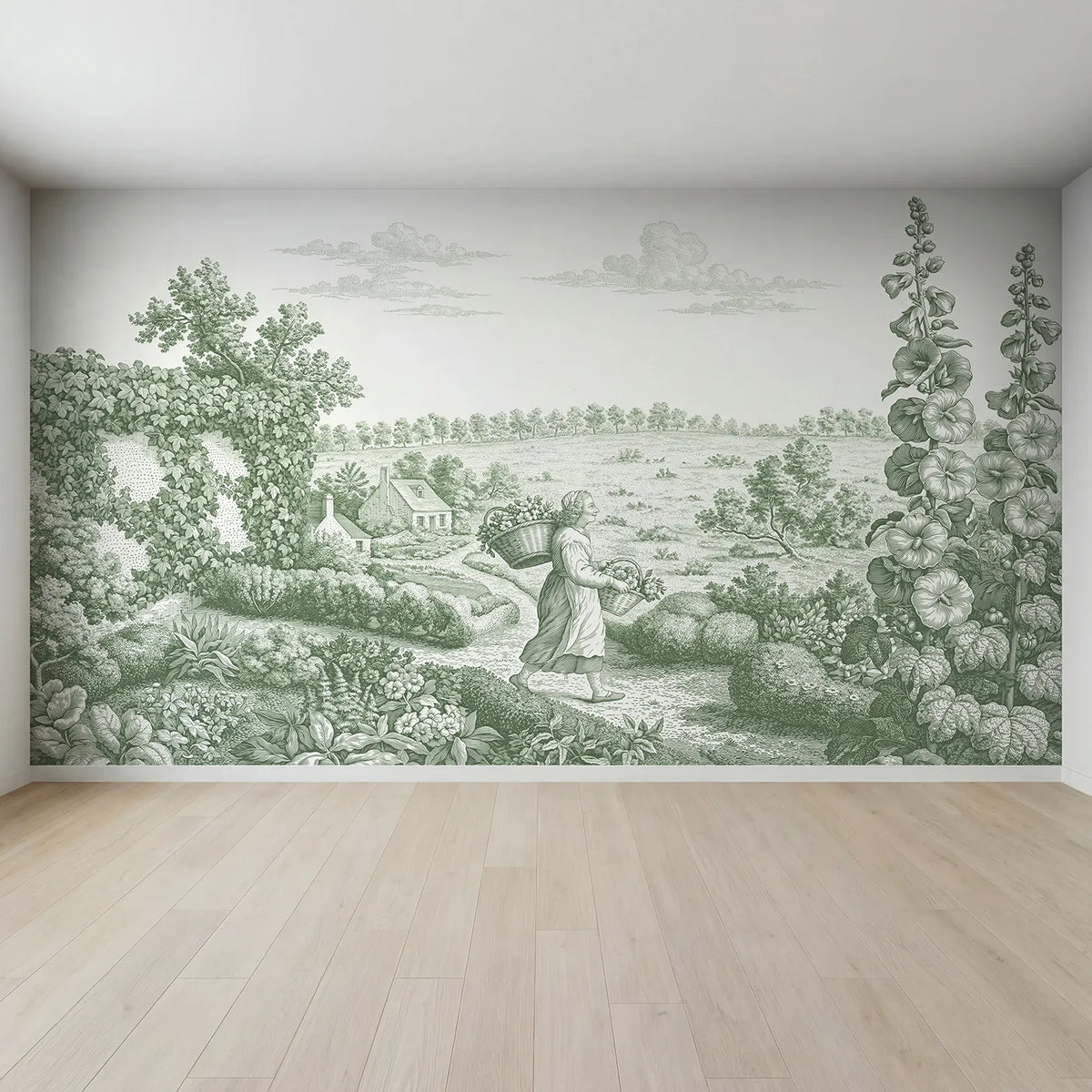 Full view of Flower Gatherer Path Wallpaper Mural in Green by Whimsy Tots