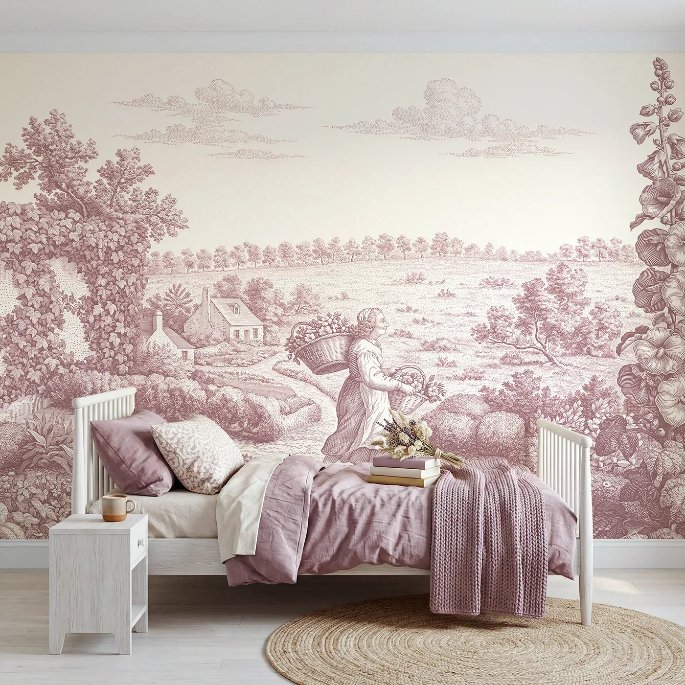 Toile wall mural of a flower gatherer on a path in pink ink by Whimsy Tots