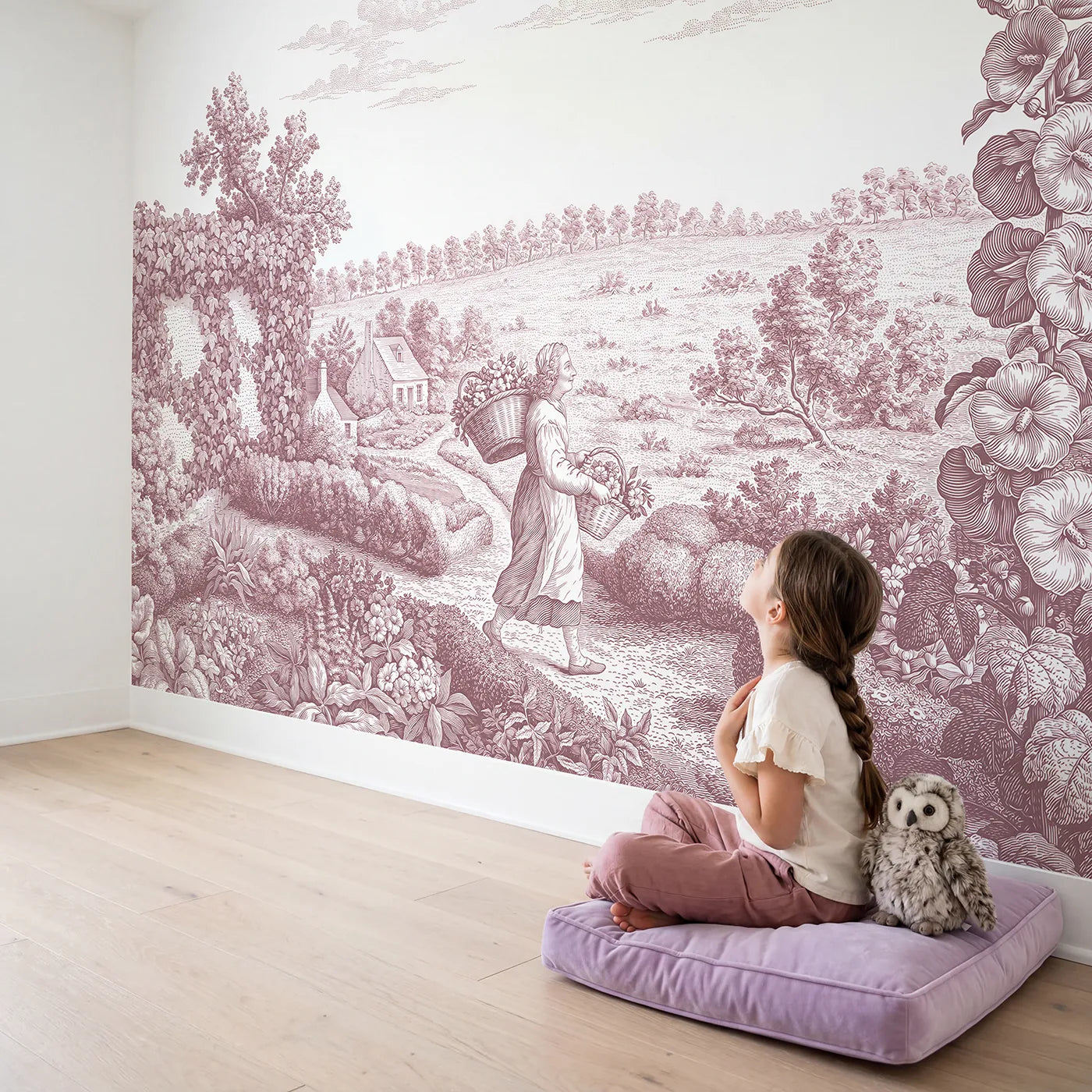 Child in nursery with Flower Gatherer Path Wallpaper Mural in Pink by Whimsy Tots
