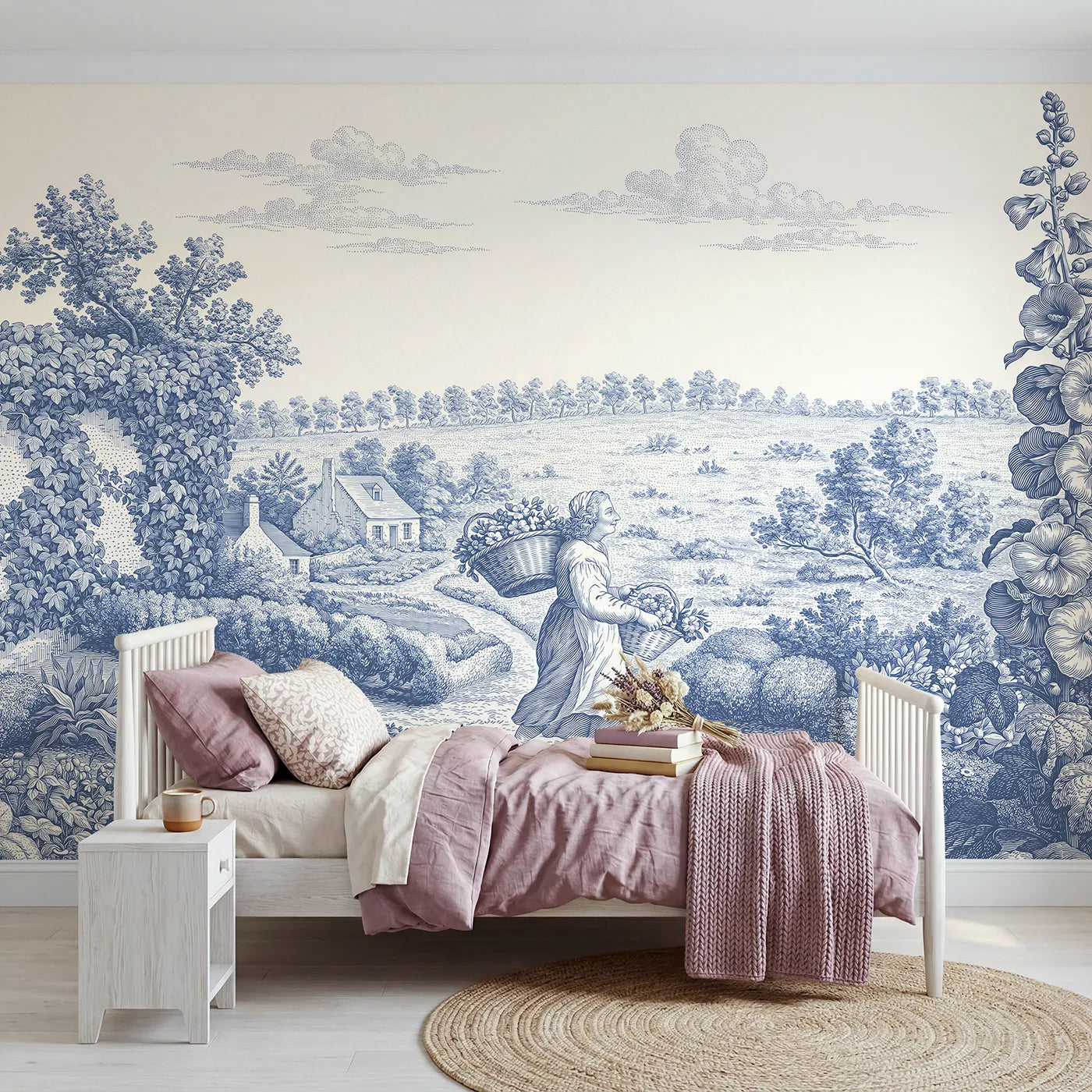 Toile wall mural of a flower gatherer on a path in single ink by Whimsy Tots