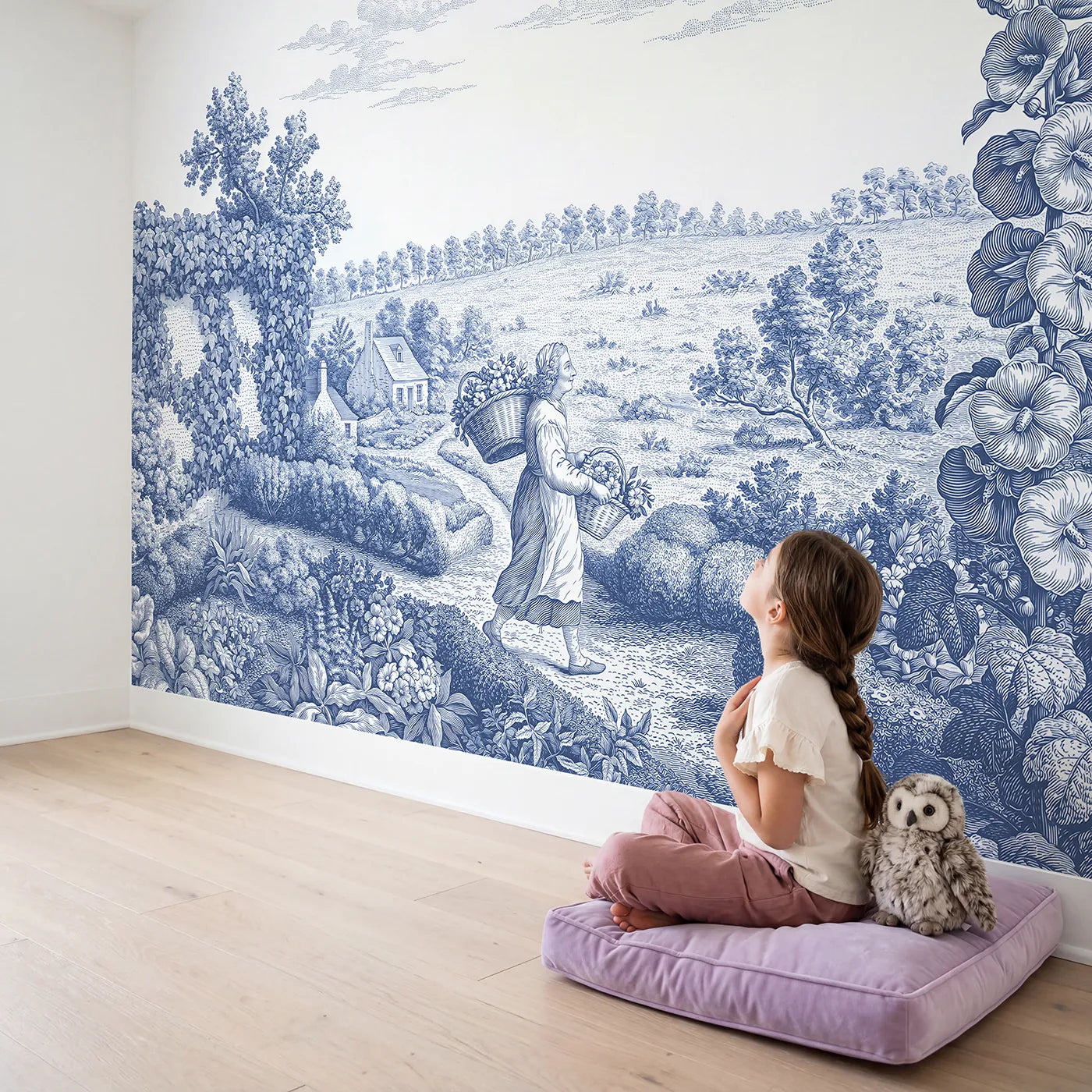 Child in nursery with Flower Gatherer Path Wallpaper Mural by Whimsy Tots