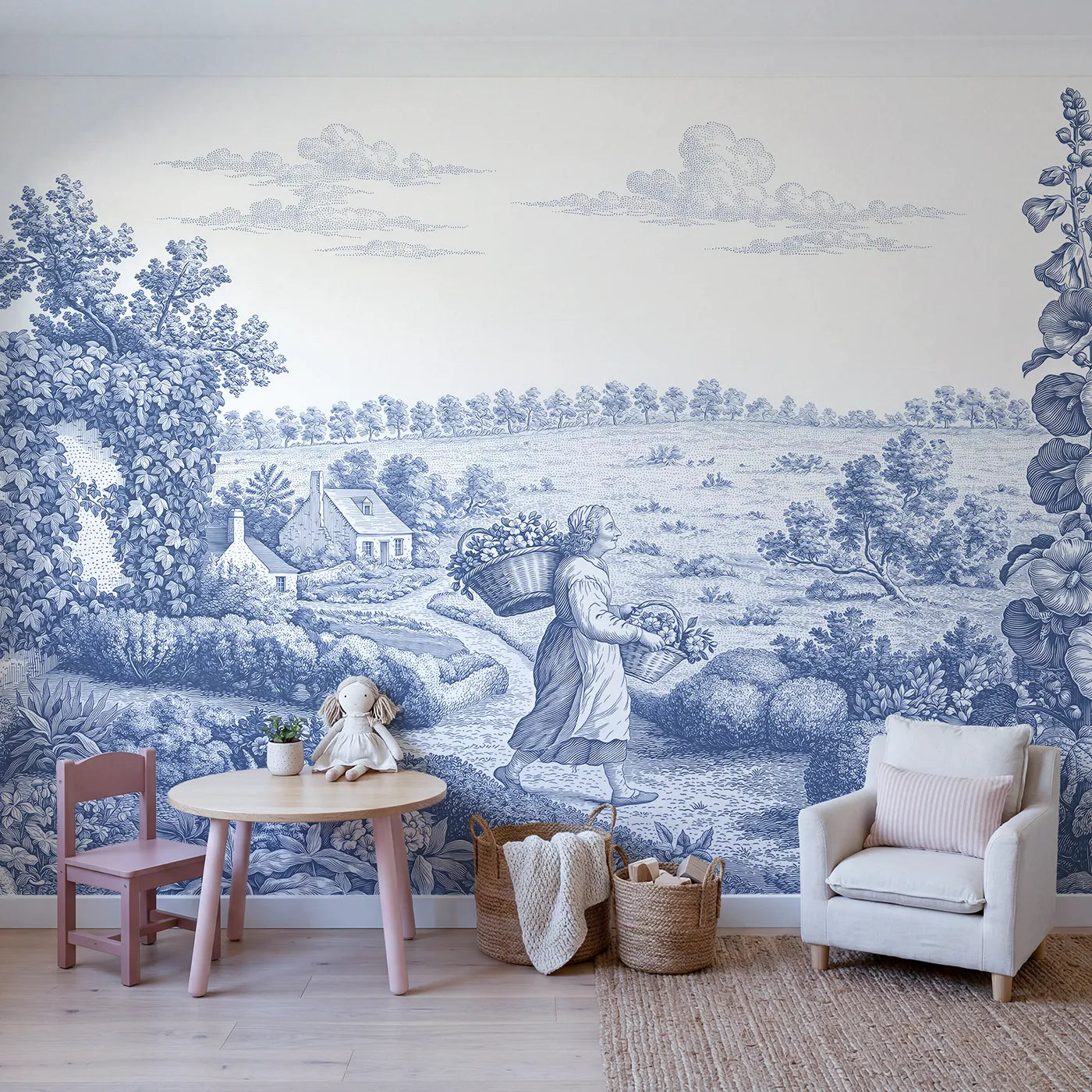 Flower Gatherer Path Wallpaper Mural in playroom setting by Whimsy Tots