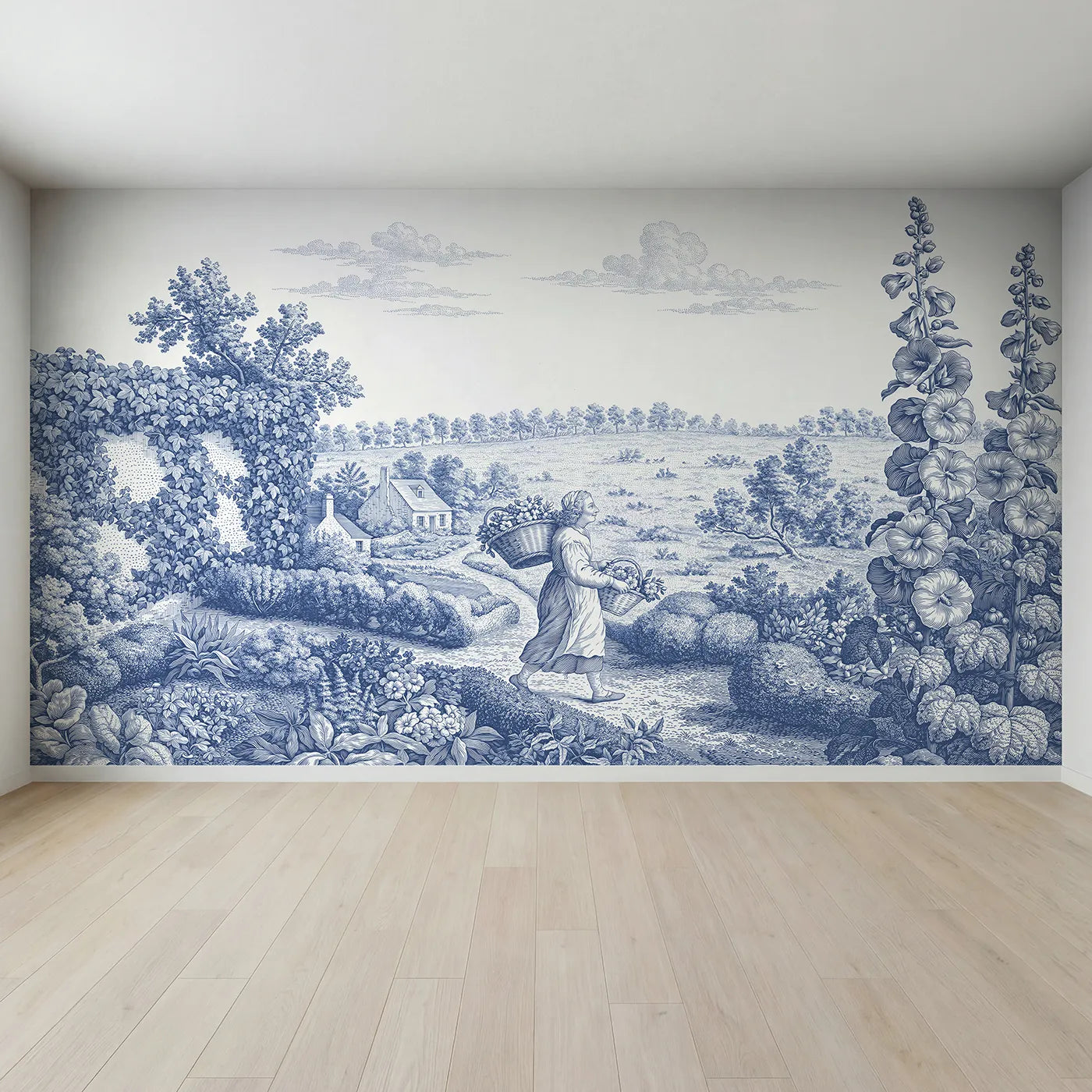 Full view of Flower Gatherer Path Wallpaper Mural by Whimsy Tots