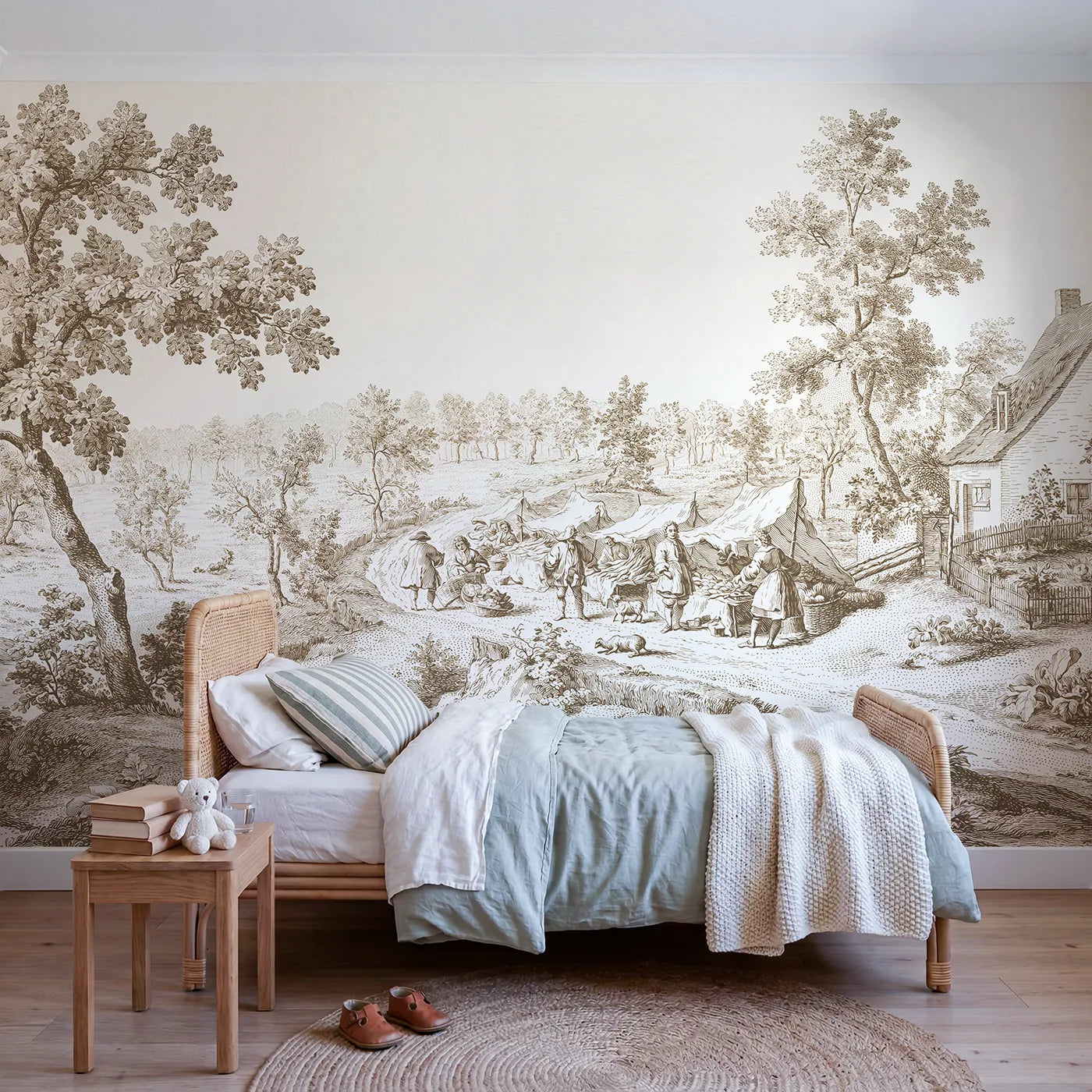 Toile wall mural of a morning market in brown ink on bright white by Whimsy Tots