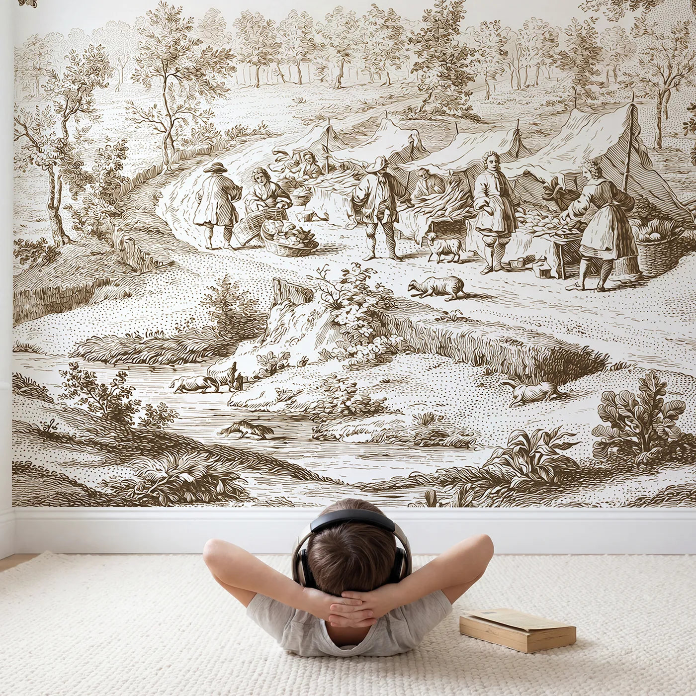 Child in nursery with Market Morning Bustle Wallpaper Mural in Brown by Whimsy Tots