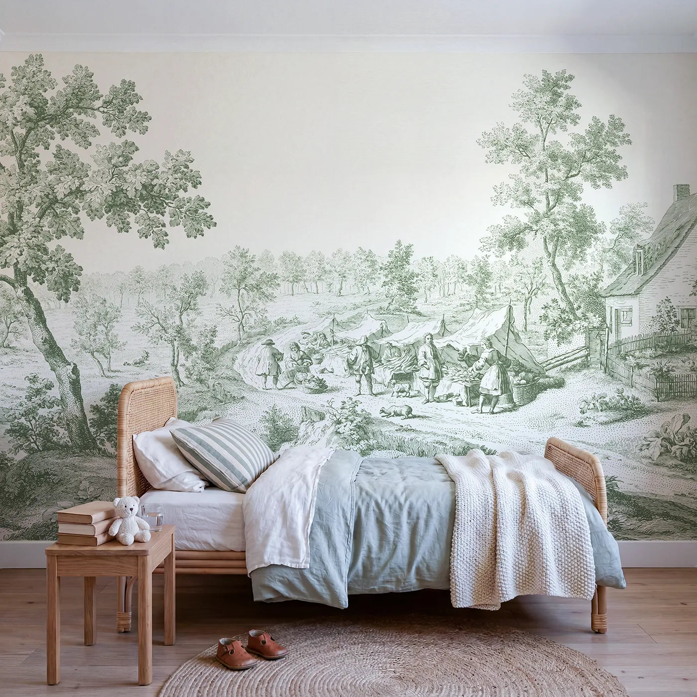 Toile wall mural of a morning market in green ink on bright white by Whimsy Tots