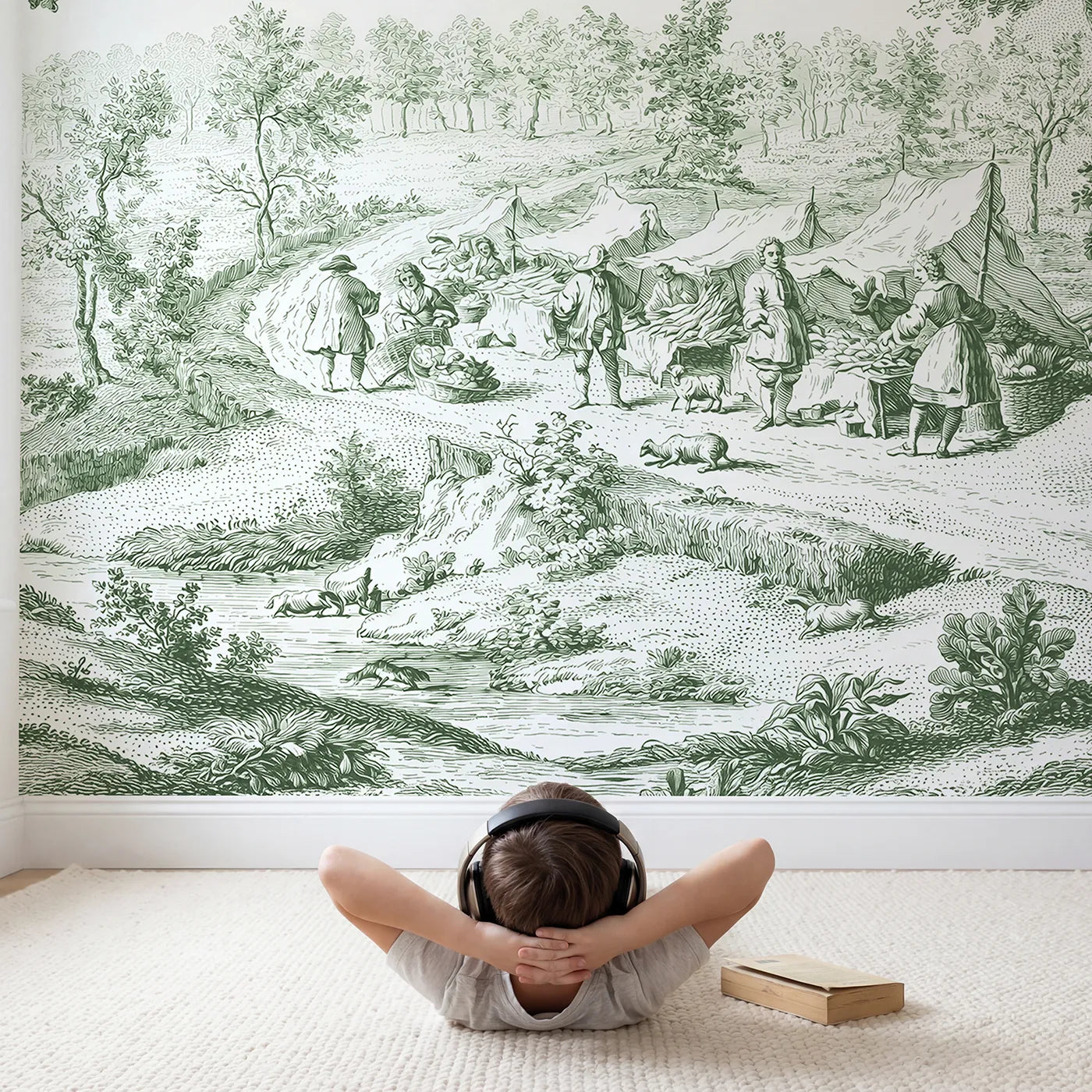 Child in nursery with Market Morning Bustle Wallpaper Mural in Green by Whimsy Tots