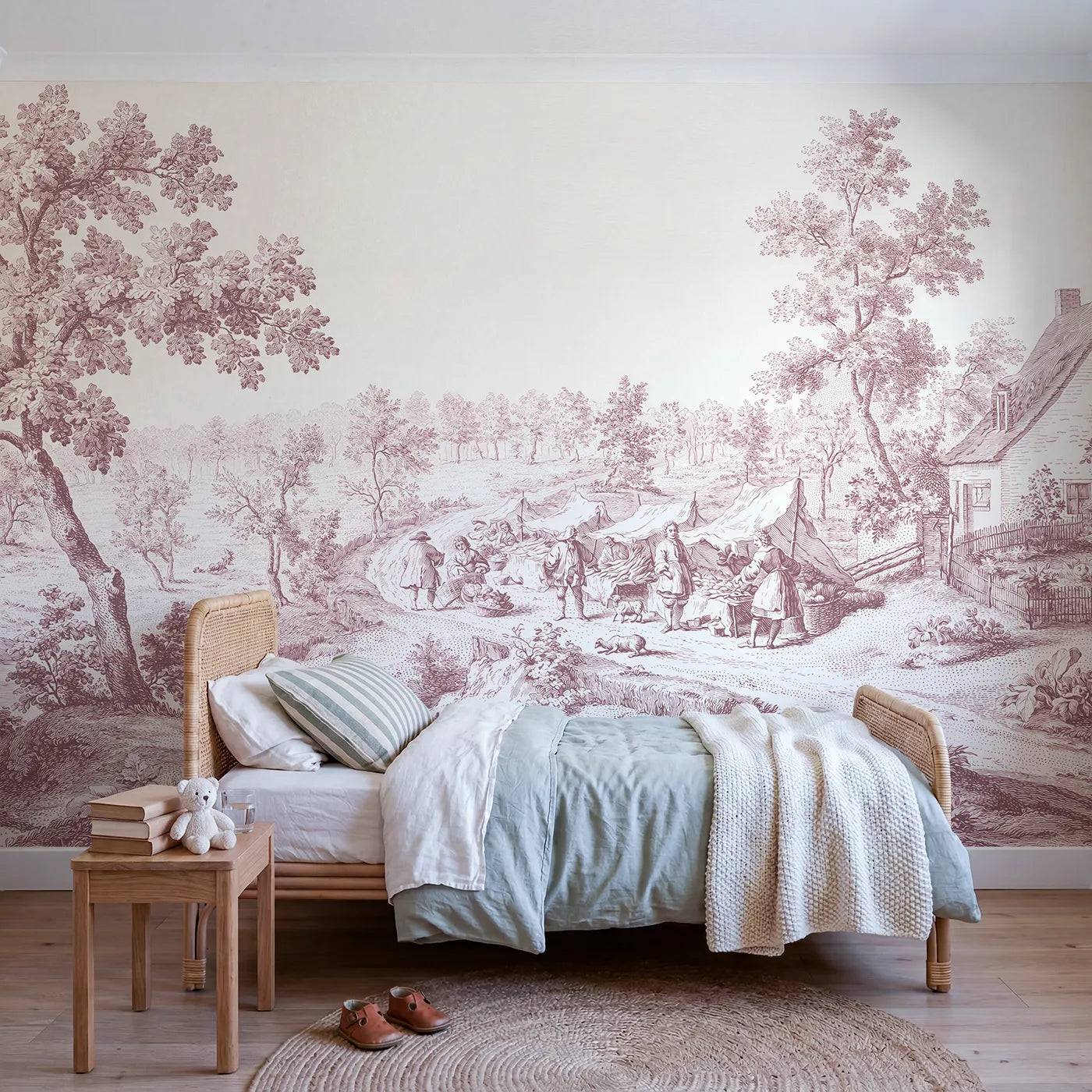 Toile wall mural of a morning market in pink ink on bright white by Whimsy Tots