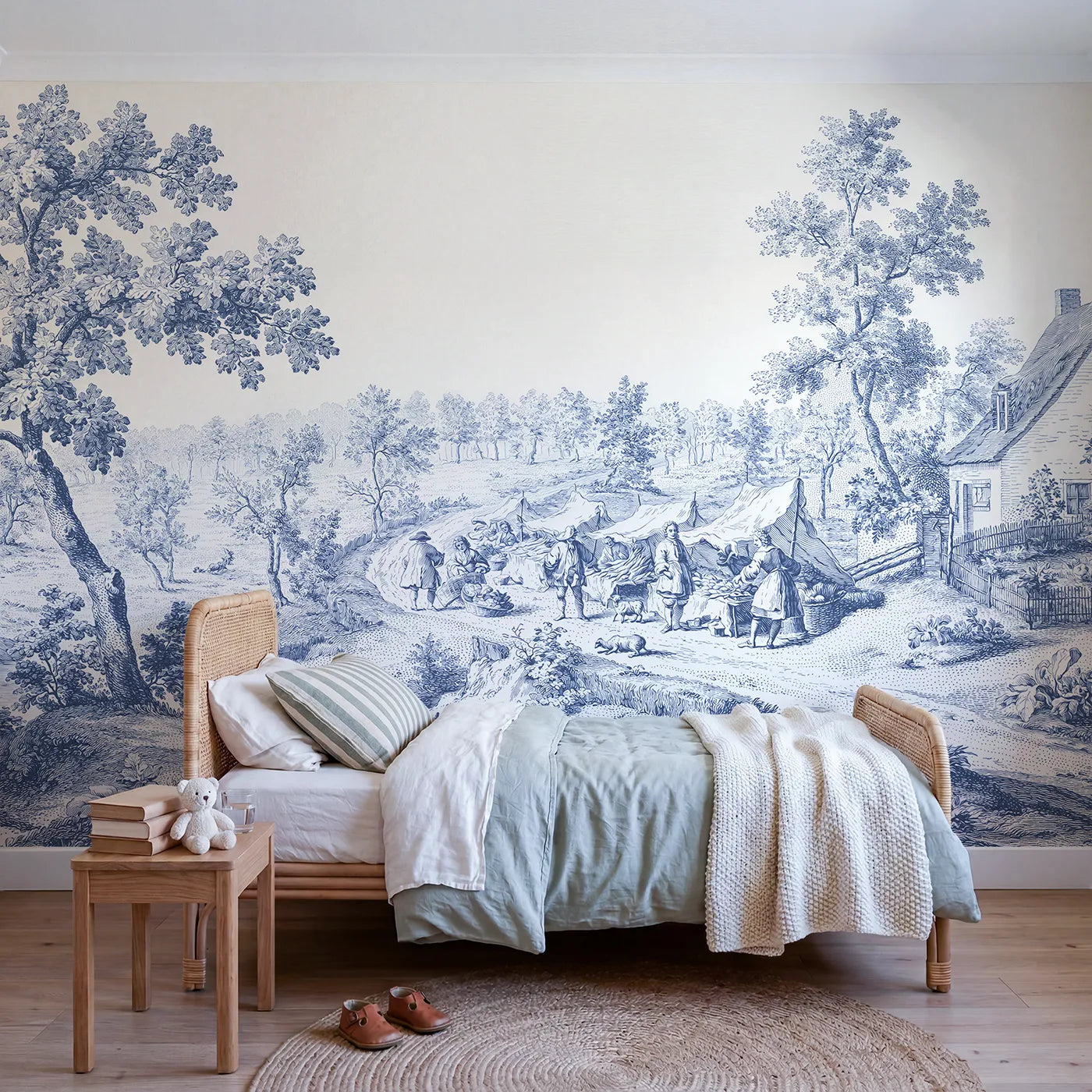 Toile wall mural of a morning market in single ink on bright white by Whimsy Tots