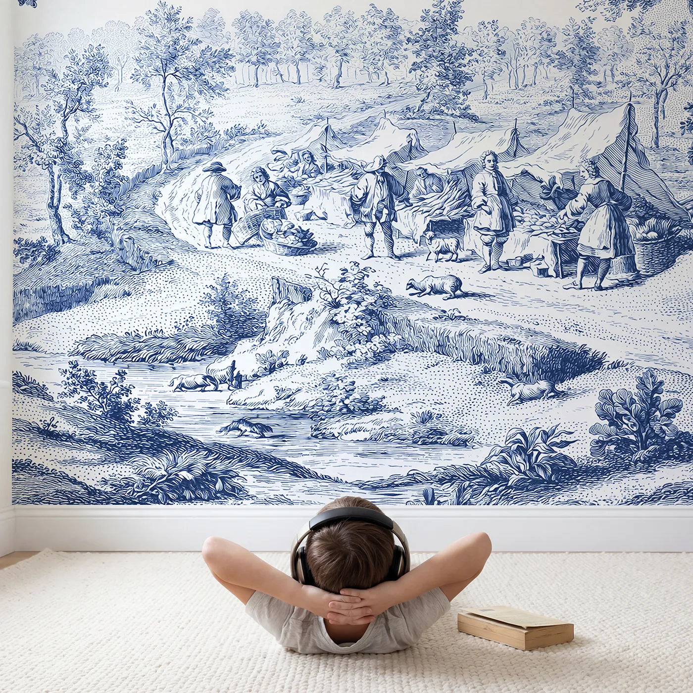 Child in nursery with Market Morning Bustle Wallpaper Mural by Whimsy Tots