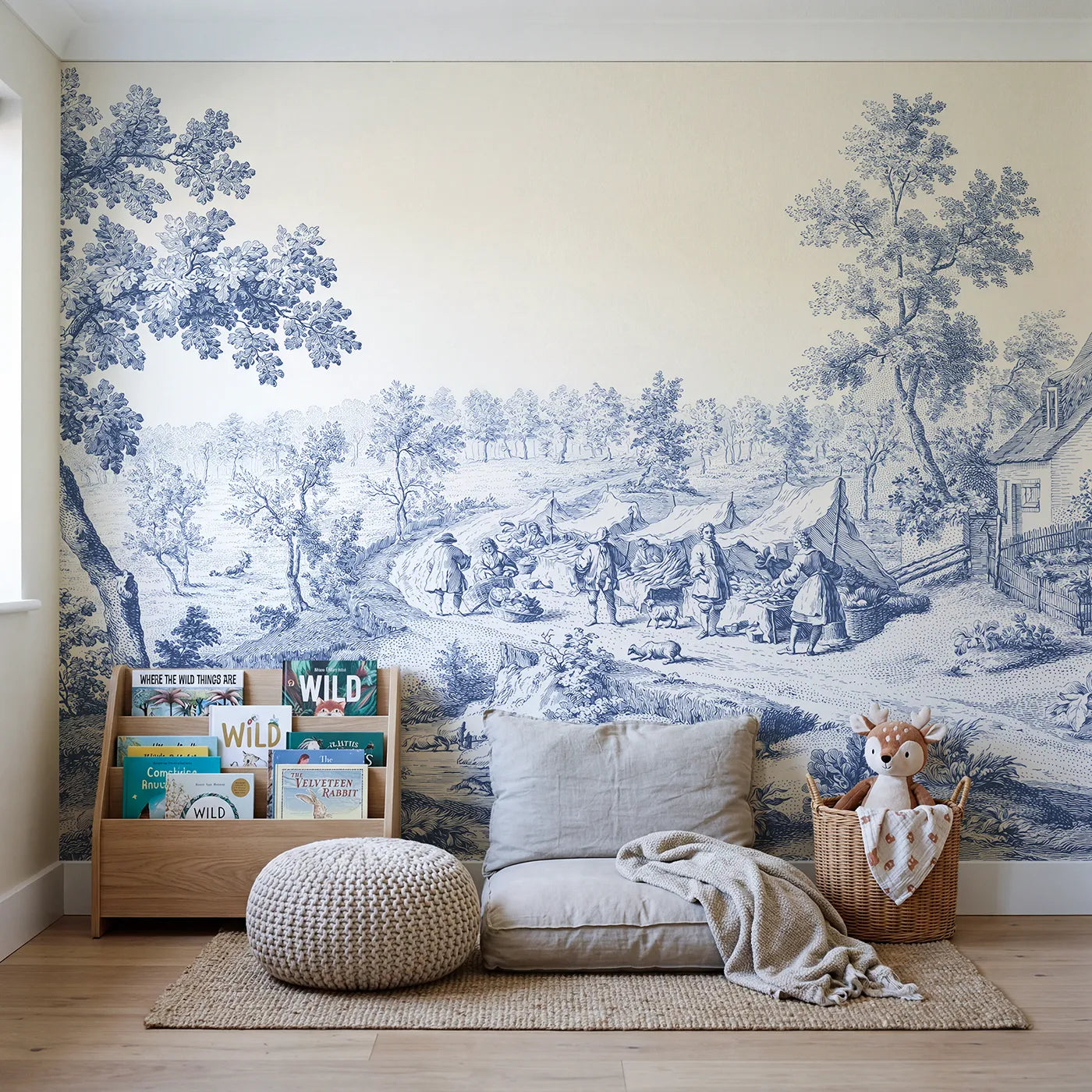 Market Morning Bustle Wallpaper Mural in playroom setting by Whimsy Tots