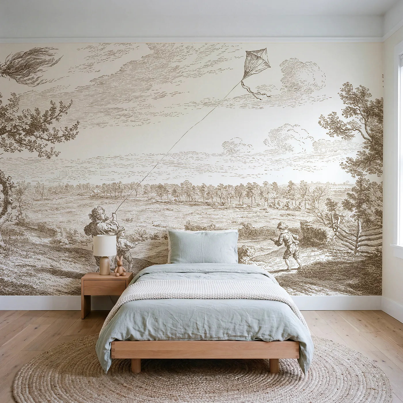 Toile wall mural of children flying a kite in brown ink by Whimsy Tots