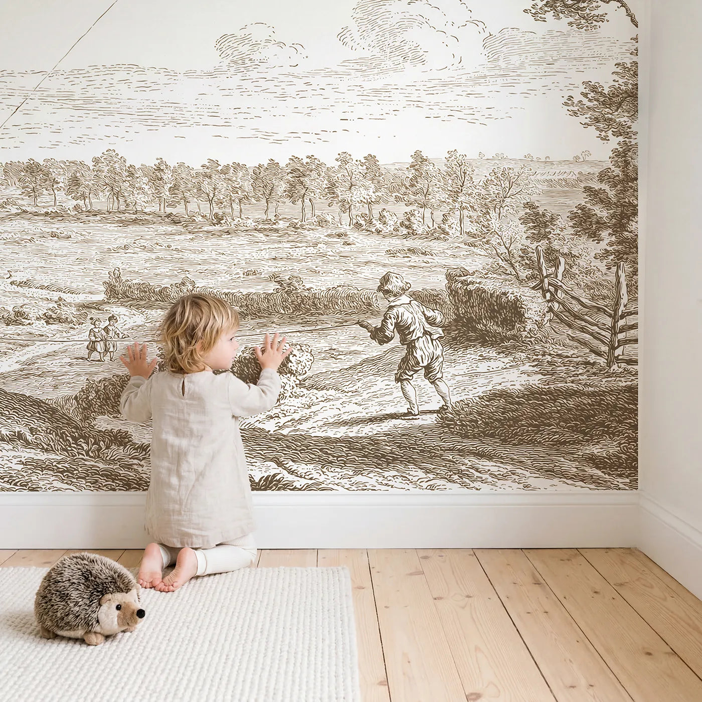 Child in nursery with Children Kite Flying Wallpaper Mural in Brown by Whimsy Tots