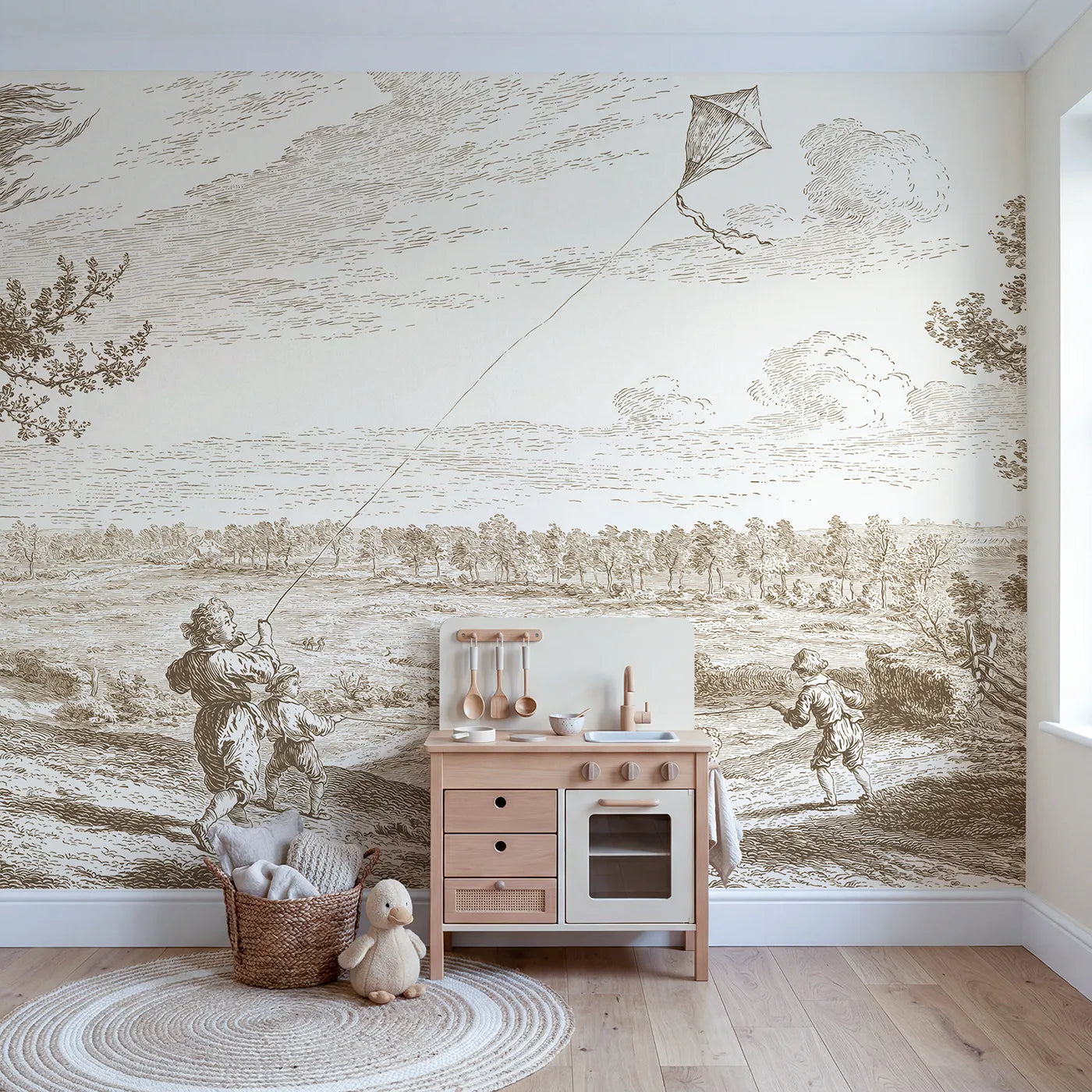 Children Kite Flying Wallpaper Mural in Brown in playroom setting by Whimsy Tots