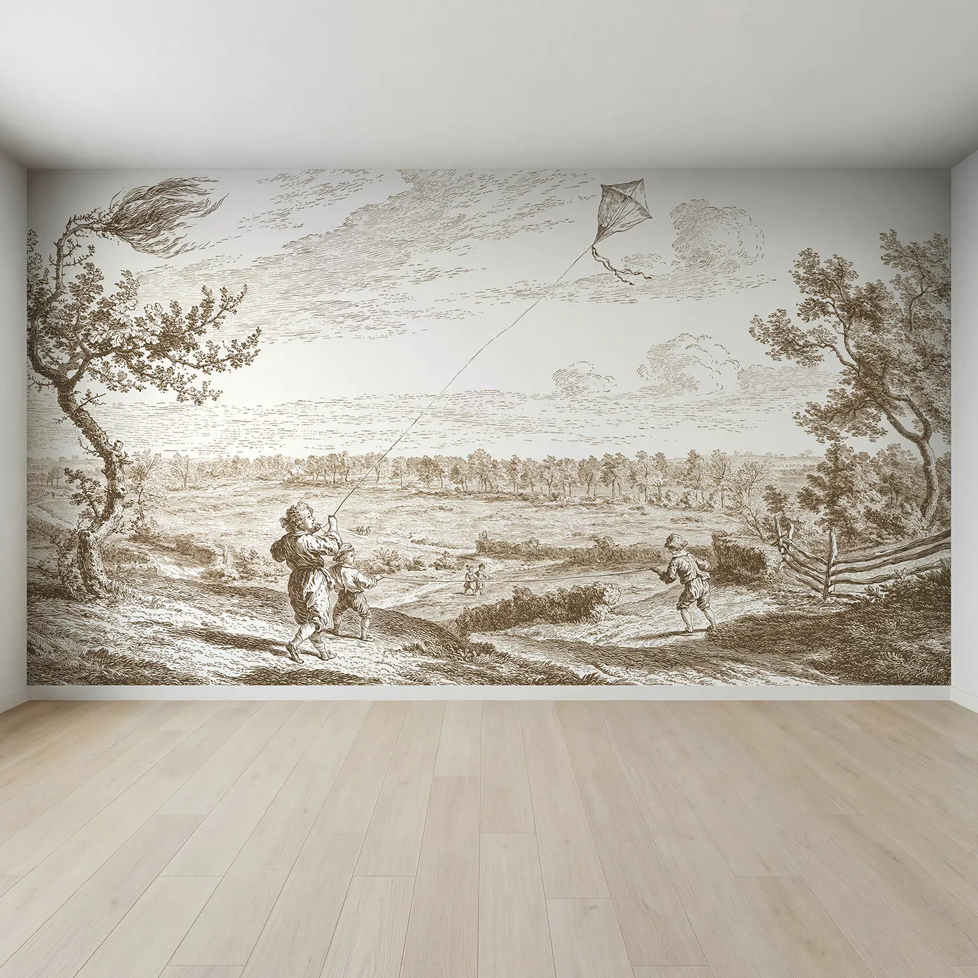 Full view of Children Kite Flying Wallpaper Mural in Brown by Whimsy Tots