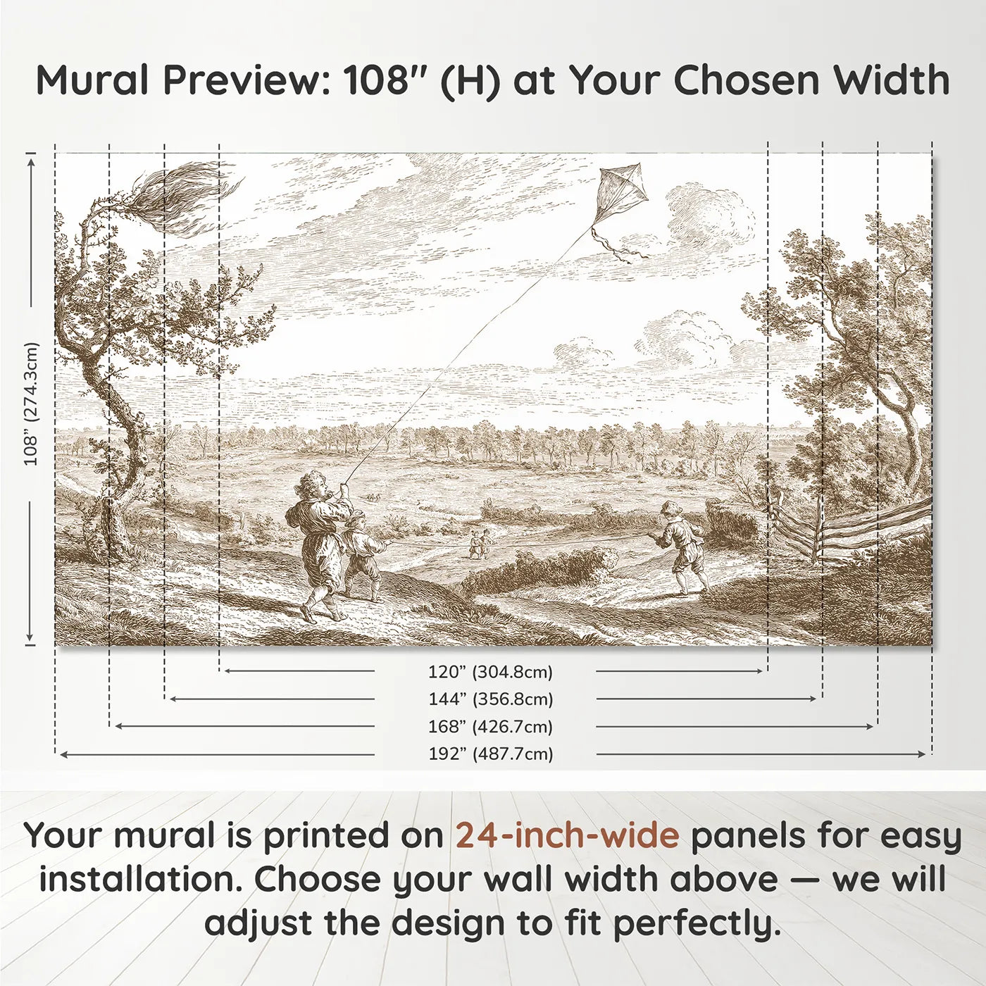 Panel layout and dimensions for Children Kite Flying Wallpaper Mural in Brown by Whimsy Tots