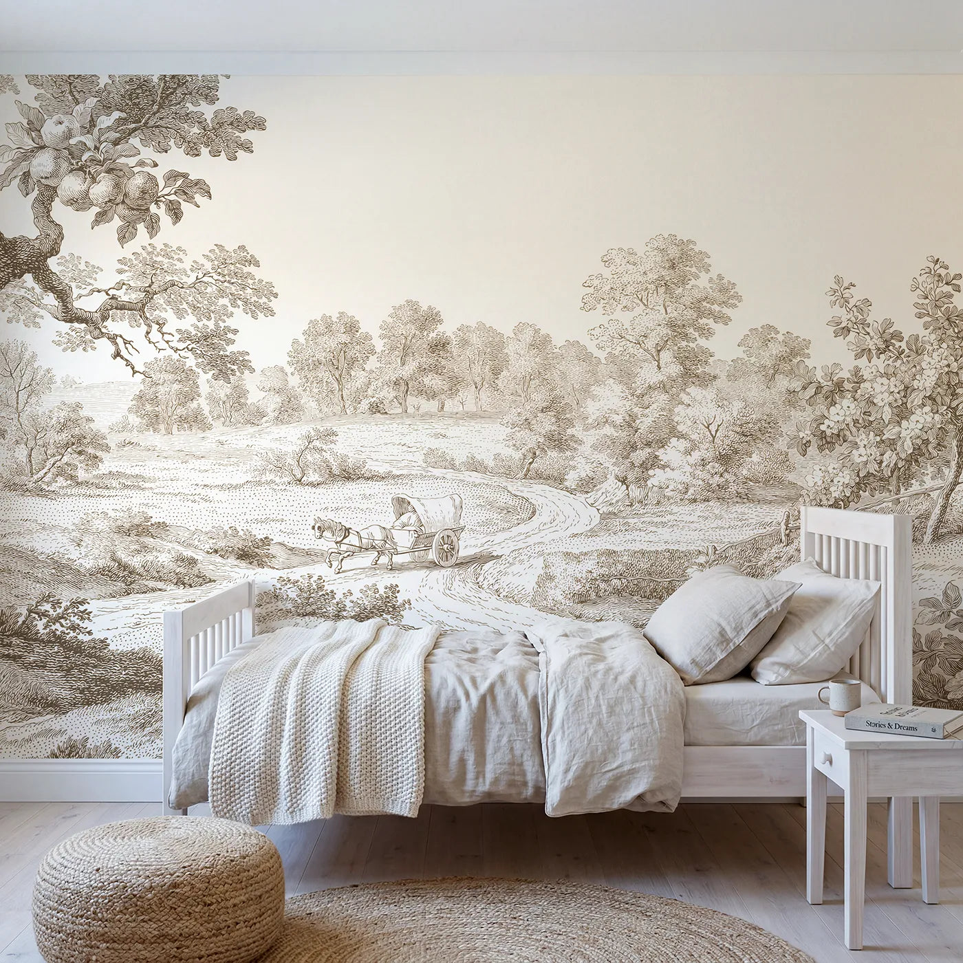 Toile wall mural of a pony cart on a lane in brown ink by Whimsy Tots