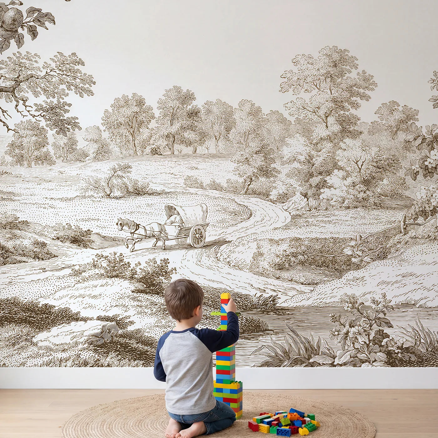 Child in nursery with Pony Cart Lane Wallpaper Mural in Brown by Whimsy Tots
