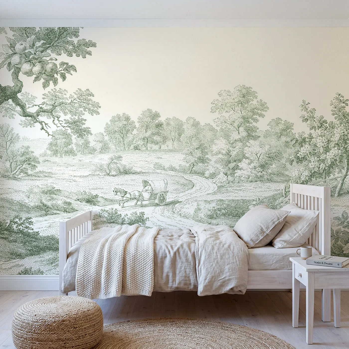 Toile wall mural of a pony cart on a lane in green ink by Whimsy Tots