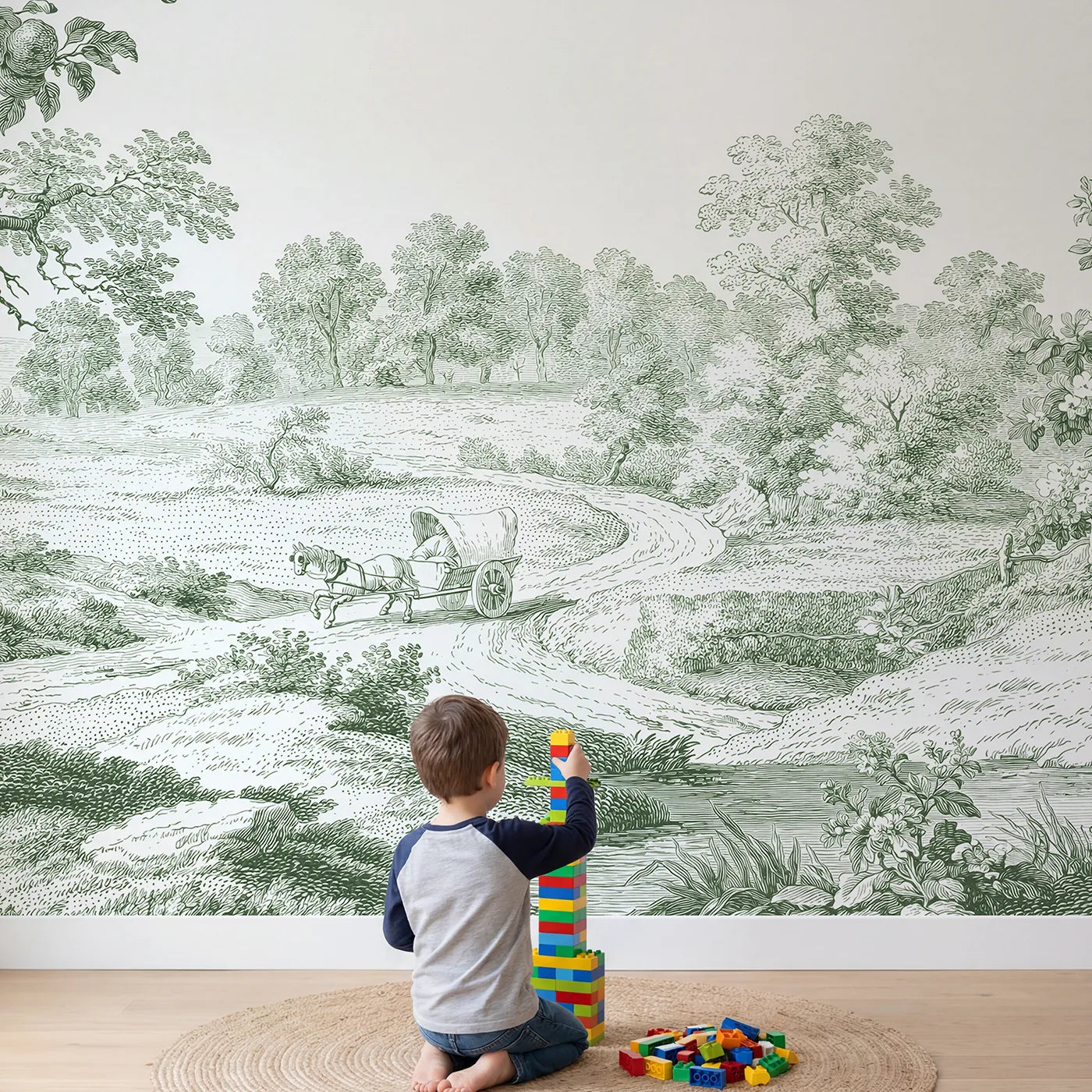 Child in nursery with Pony Cart Lane Wallpaper Mural in Green by Whimsy Tots