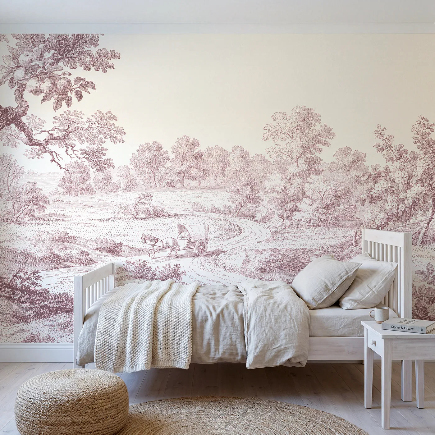 Toile wall mural of a pony cart on a lane in pink ink by Whimsy Tots