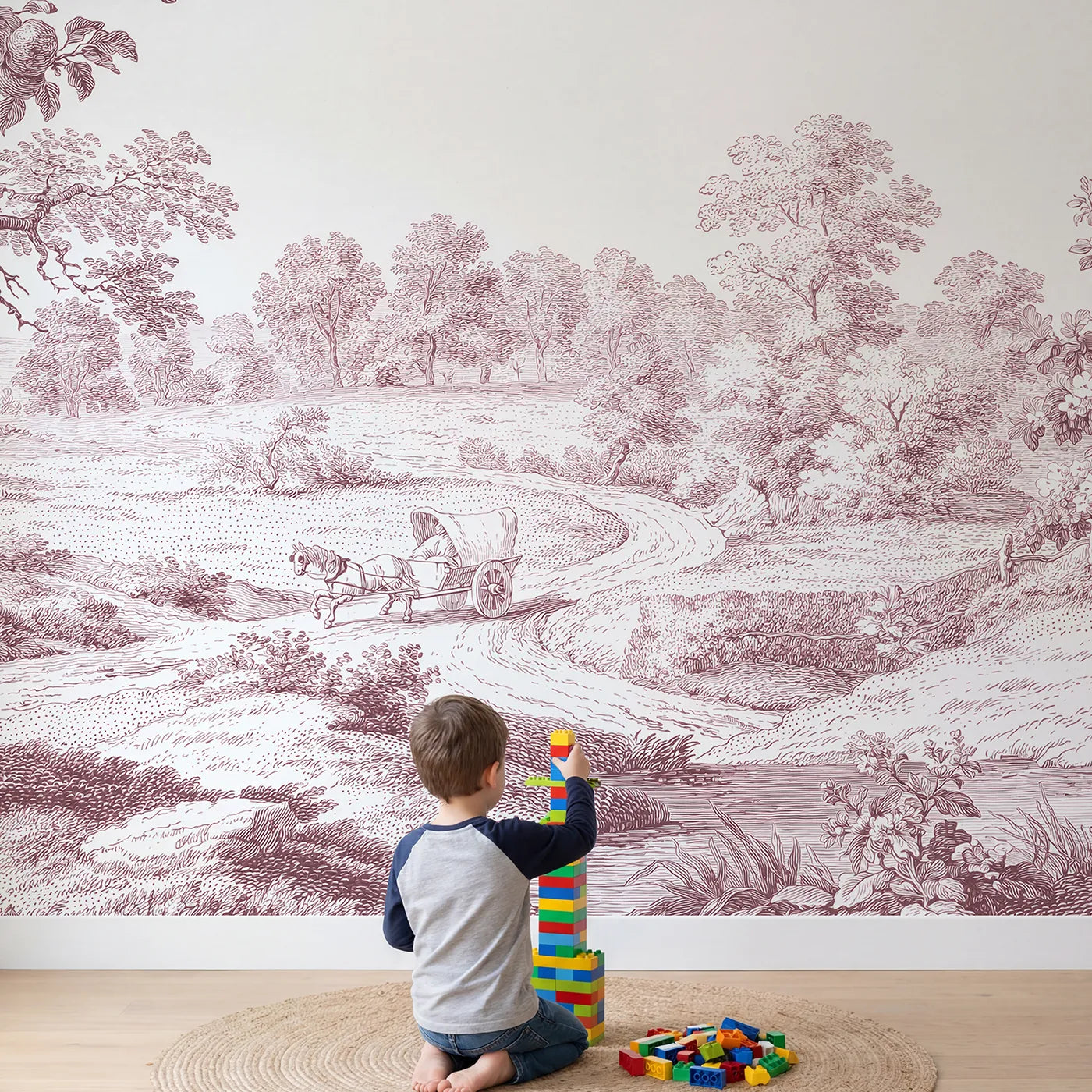 Child in nursery with Pony Cart Lane Wallpaper Mural in Pink by Whimsy Tots
