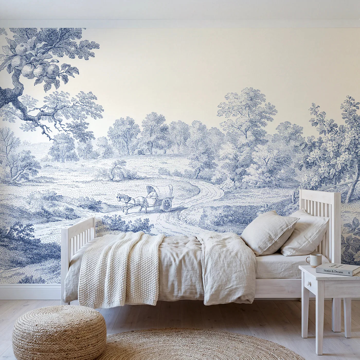 Toile wall mural of a pony cart on a lane in single ink by Whimsy Tots