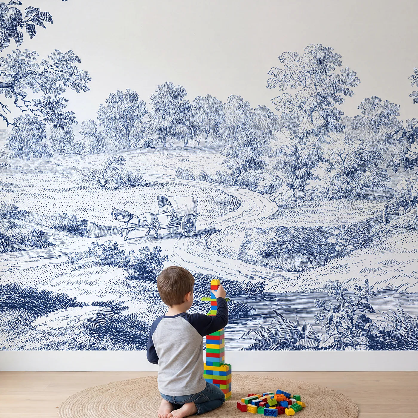 Child in nursery with Pony Cart Lane Wallpaper Mural by Whimsy Tots