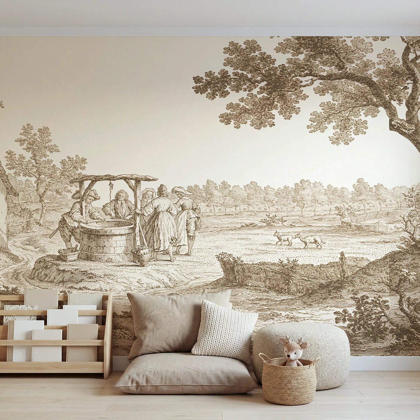 Toile wall mural of a village well gathering in brown ink by Whimsy Tots
