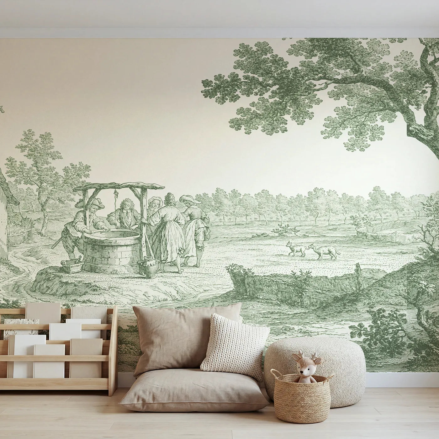 Toile wall mural of a village well gathering in green ink by Whimsy Tots