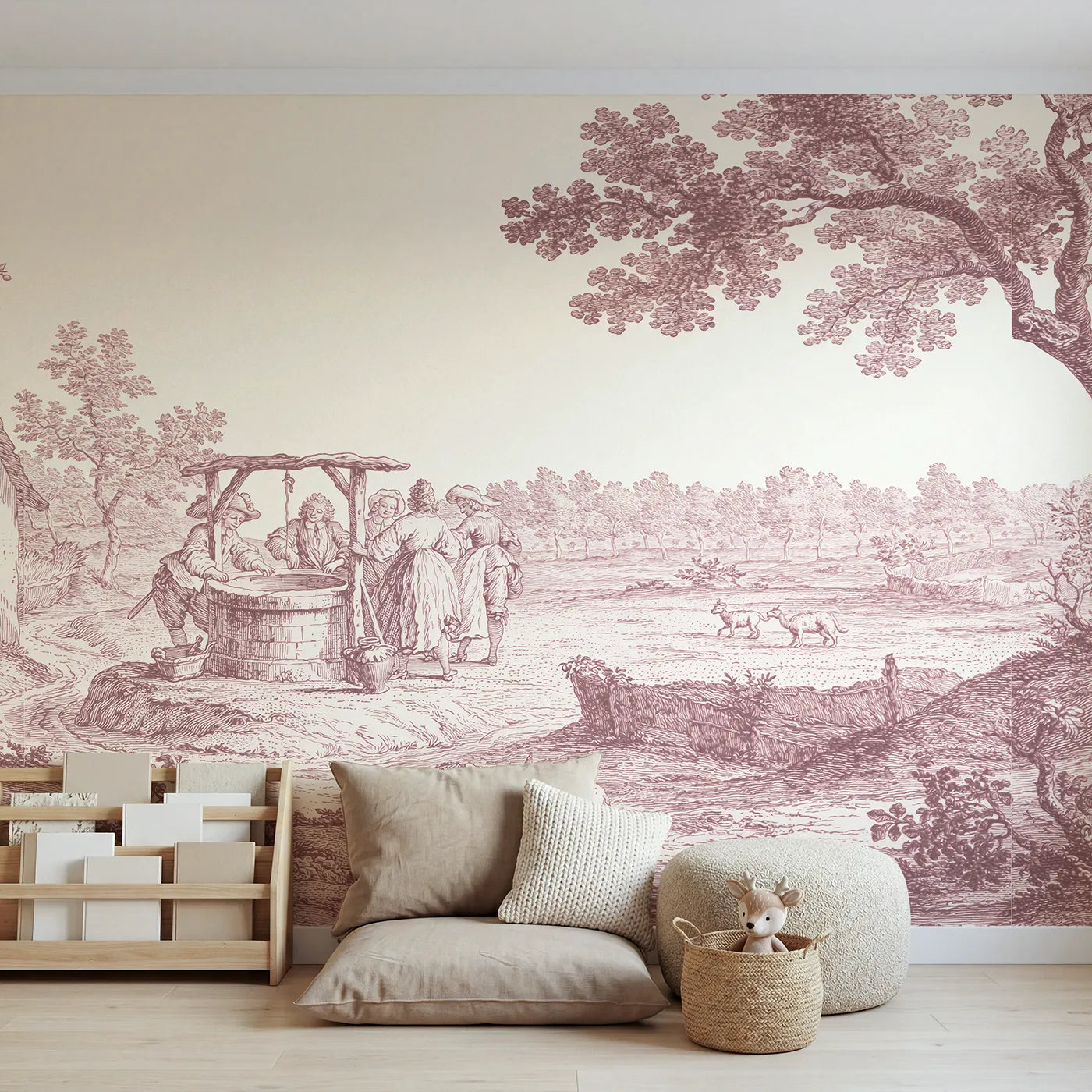Toile wall mural of a village well gathering in pink ink by Whimsy Tots